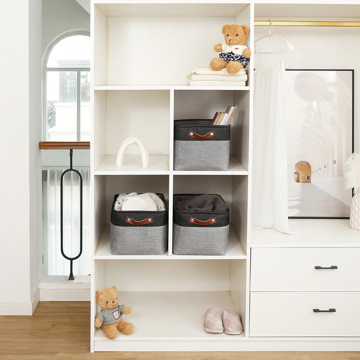 OrganiHaus Large Fabric Storage Baskets for Shelves 3 Pack, 15x11in Closet Storage Bins for Shelves, Canvas Baskets for Organizing, Linen Closet Organizers, Cloth Basket, Gray/Black