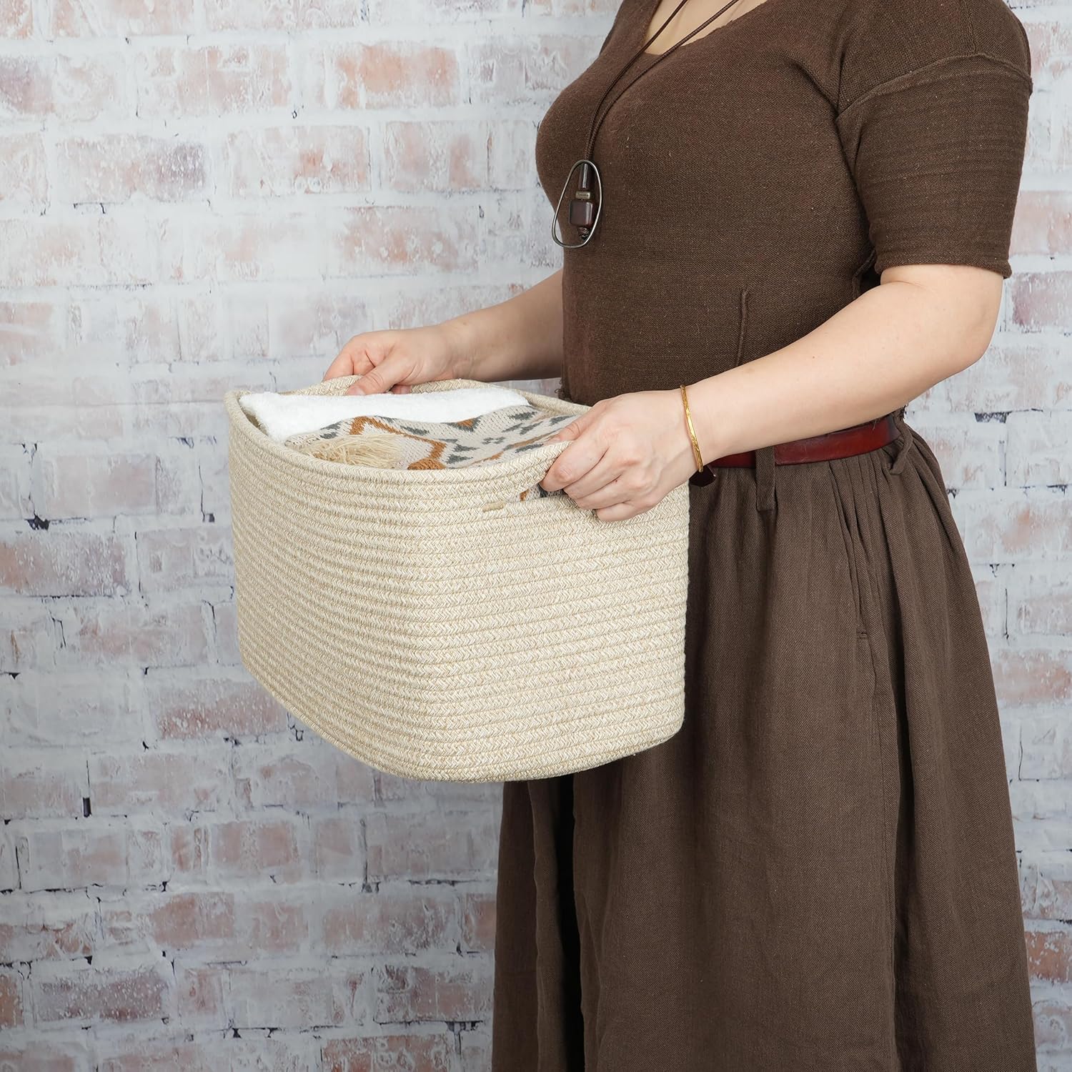 Rope storage Basket Bins Woven Basket for Organizing Shelves 15X10X9.3" Rectangle Decorative Baskets For storage Clothes Toys Books Towels Nursery basket organizer 3 pack Oatmeal