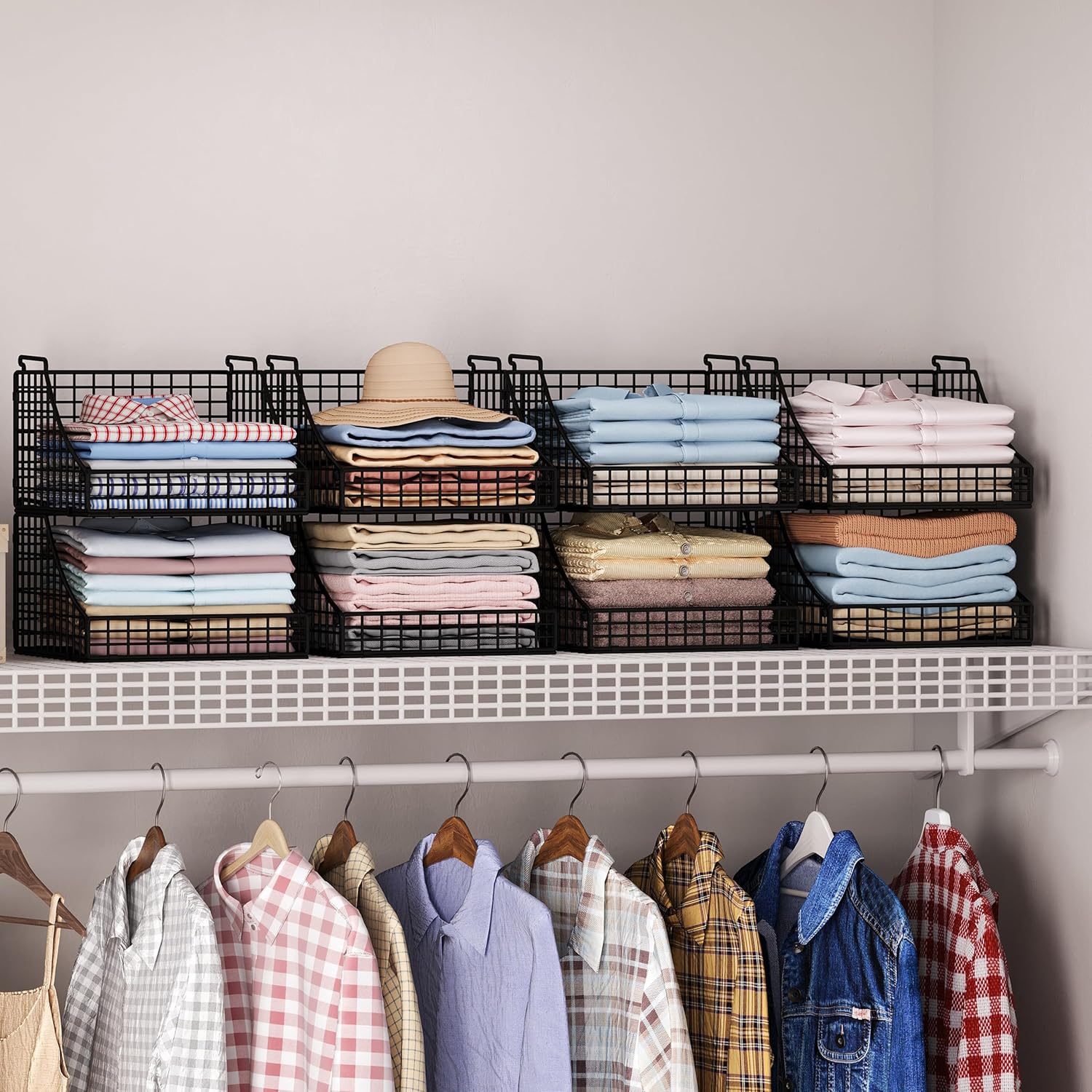 4-Pack Stackable Wire Baskets for Closet Organizers and Storage, Open Storage Bins for Clothes, Toys, and Snacks - Rustic Metal Closet Organizer and Shelves in Black