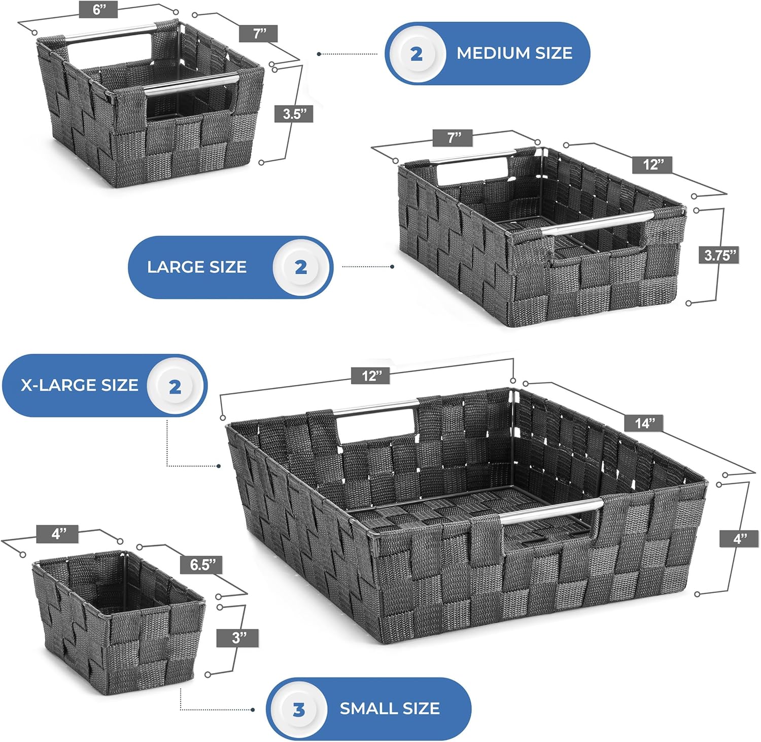 Sorbus Set of 9 Woven Storage Baskets – Mesh Hand-Woven Baskets for Organizing, Fabric Storage Bins for Linen Closet Organizer, Storage Baskets for Shelves, Home Organization and Decor (Gray)