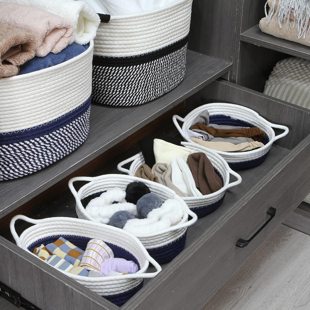 Sea Team 2-Pack Cotton Rope Baskets, 10 x 3 Inches Small Woven Storage Basket, Fabric Tray, Bowl, Round Open Dish for Fruits, Jewelry, Keys, Sewing Kits (Dark Blue & White)