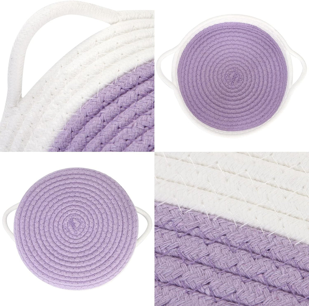 Sea Team 2-Pack Cotton Rope Baskets, 10 x 3 Inches Small Woven Storage Basket, Fabric Tray, Bowl, Round Open Dish for Fruits, Jewelry, Keys, Sewing Kits (Lavender & White)