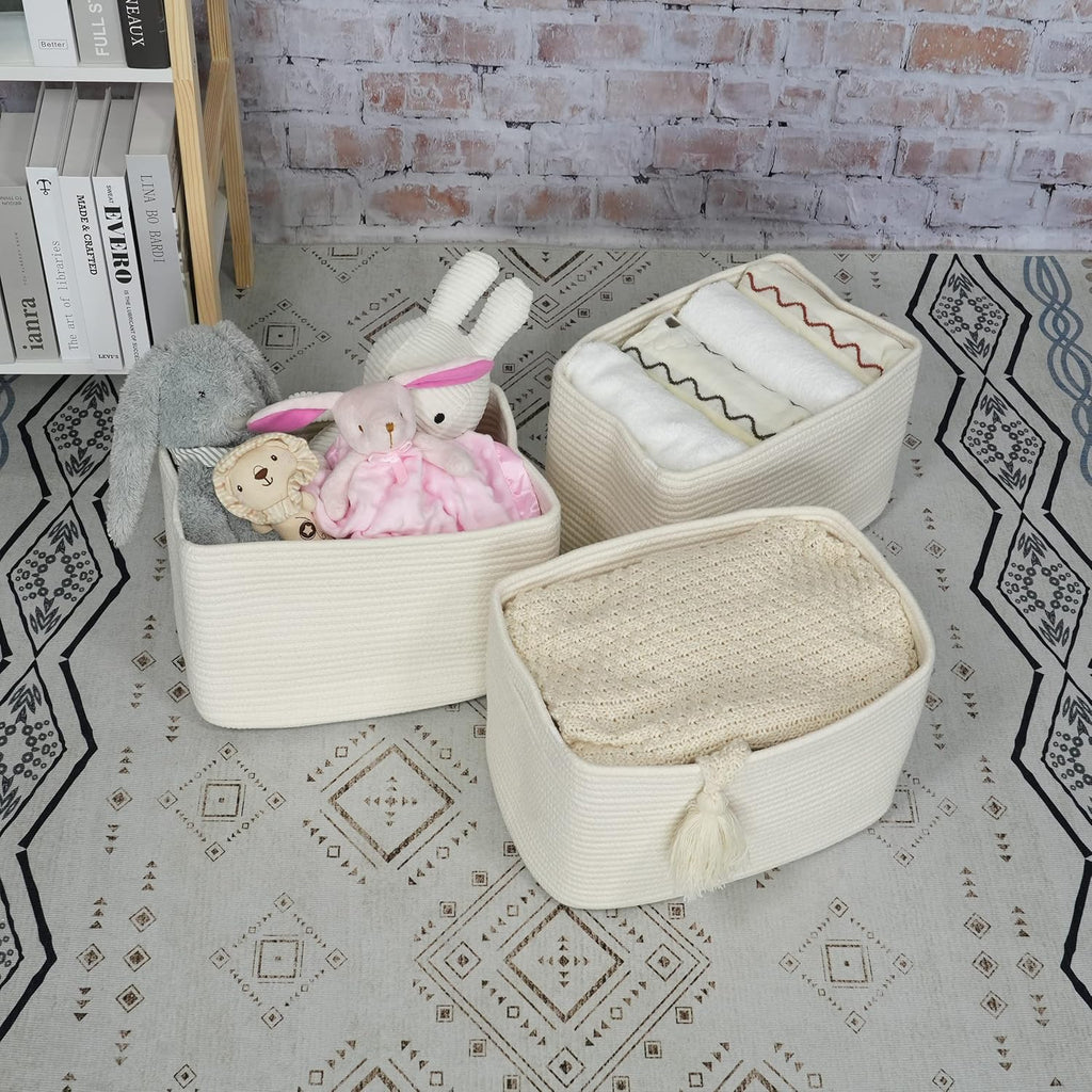 Cotton Rope storage Basket Bins Woven Basket for Organizing Shelves 15X10X9.3" Rectangle Decorative Baskets For storage Clothes Toys Books Towels Nursery basket organizer 3 pack white