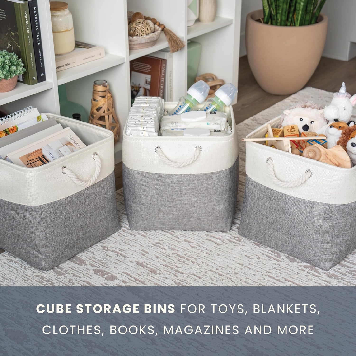 OrganiHaus 13x13 Cube Storage Bins 4 Pack, Foldable Cube Storage Organizer w/ Rope Handles, Collapsible Fabric Bins for Toys, Clothes & Closet Organization, Fabric Square Baskets - Gray/White