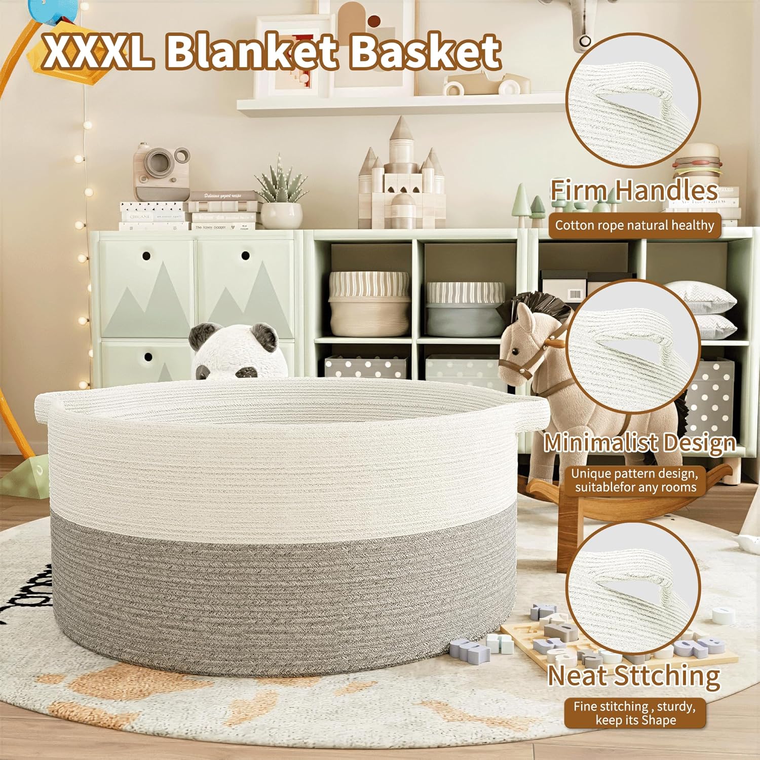 125L Extra Large Blanket Basket, 25" x 16", Jumbo Laundry Woven Basket Decorative Home, Cotton Rope Basket with Handles, Baby Toy Basket for Storage, White & Gray, 2PC