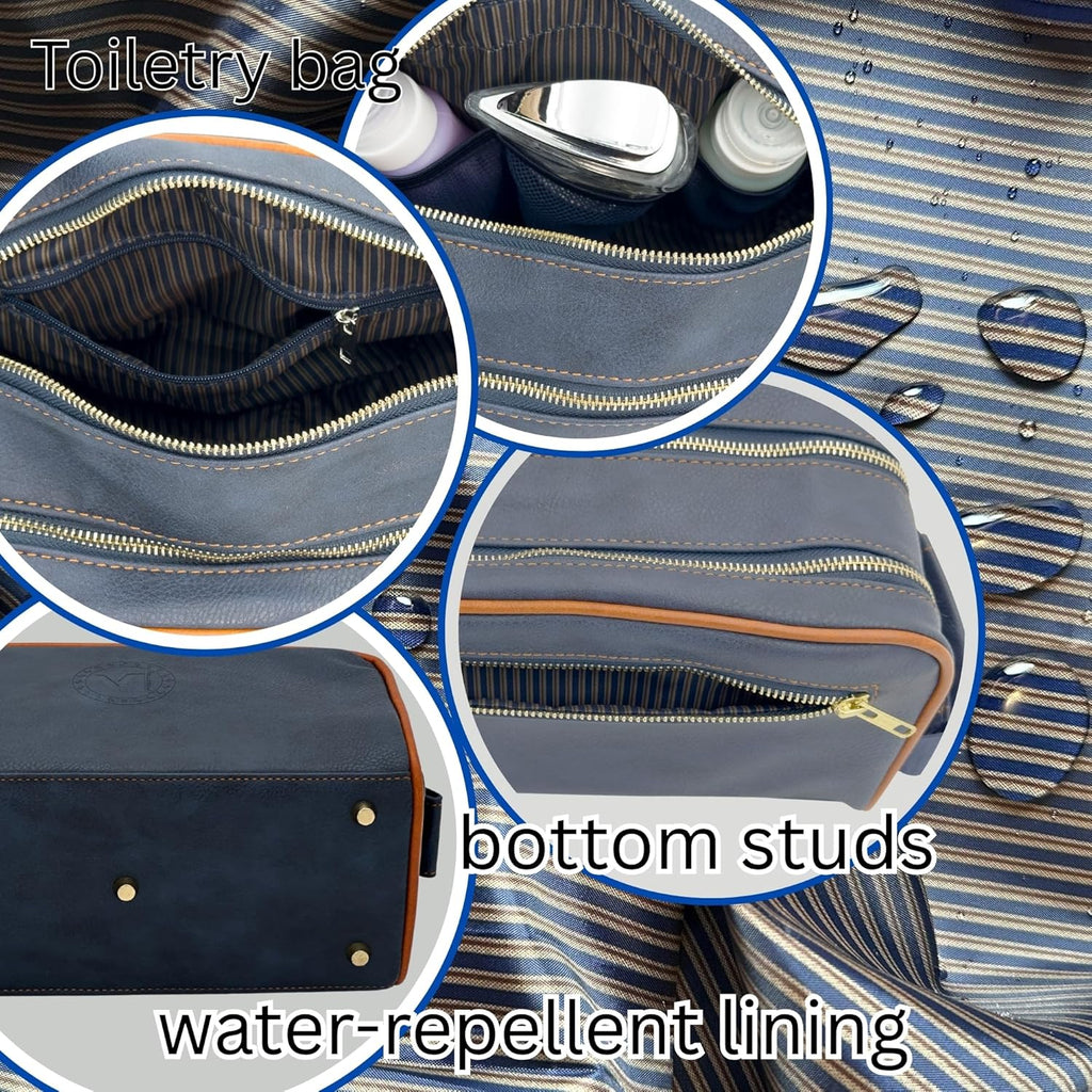 Dopp Gift Large Travel Toiletry Bag Premium Quality PU Leather Two compartments YKK Zippers Water-resistant Bottom Studs Mesh Pockets Durable Cosmetic Organizer NAVY BLUE/ORANGE