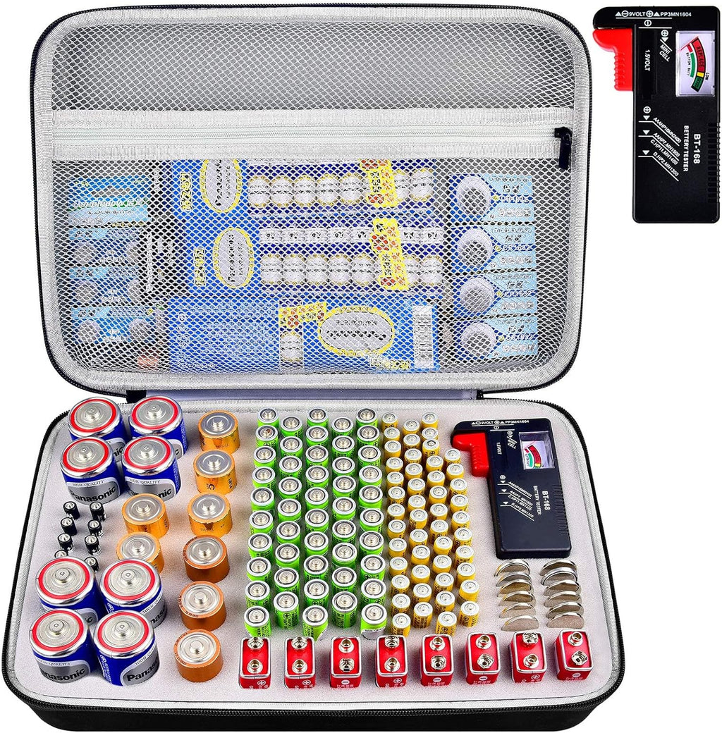 Battery Storage Organizer Box with Tester BT-168, Variety Case Holds 140+ AA, AAA, C, D, 9V, Lithium 3V Button Batteries- Not Includes Batteries(Grey)