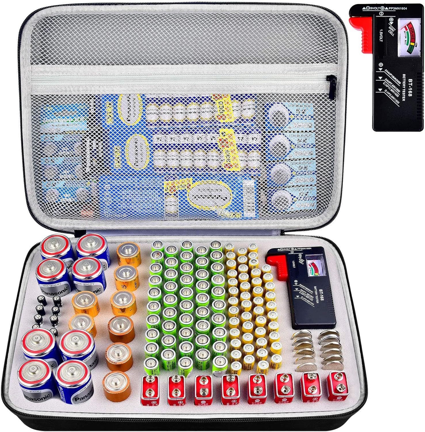 Battery Storage Organizer Box with Tester BT-168, Variety Case Holds 140+ AA, AAA, C, D, 9V, Lithium 3V Button Batteries- Not Includes Batteries(Grey)