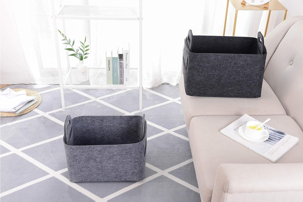 Minoisome Storage Basket Felt Storage Bin Collapsible& Convenient Box Organizer with Carry Handles for Office Bedroom Closet Babies Nursery Toys Laundry (Dark grey, 15.7inch（L）×11inch（W）×10inch（H）)
