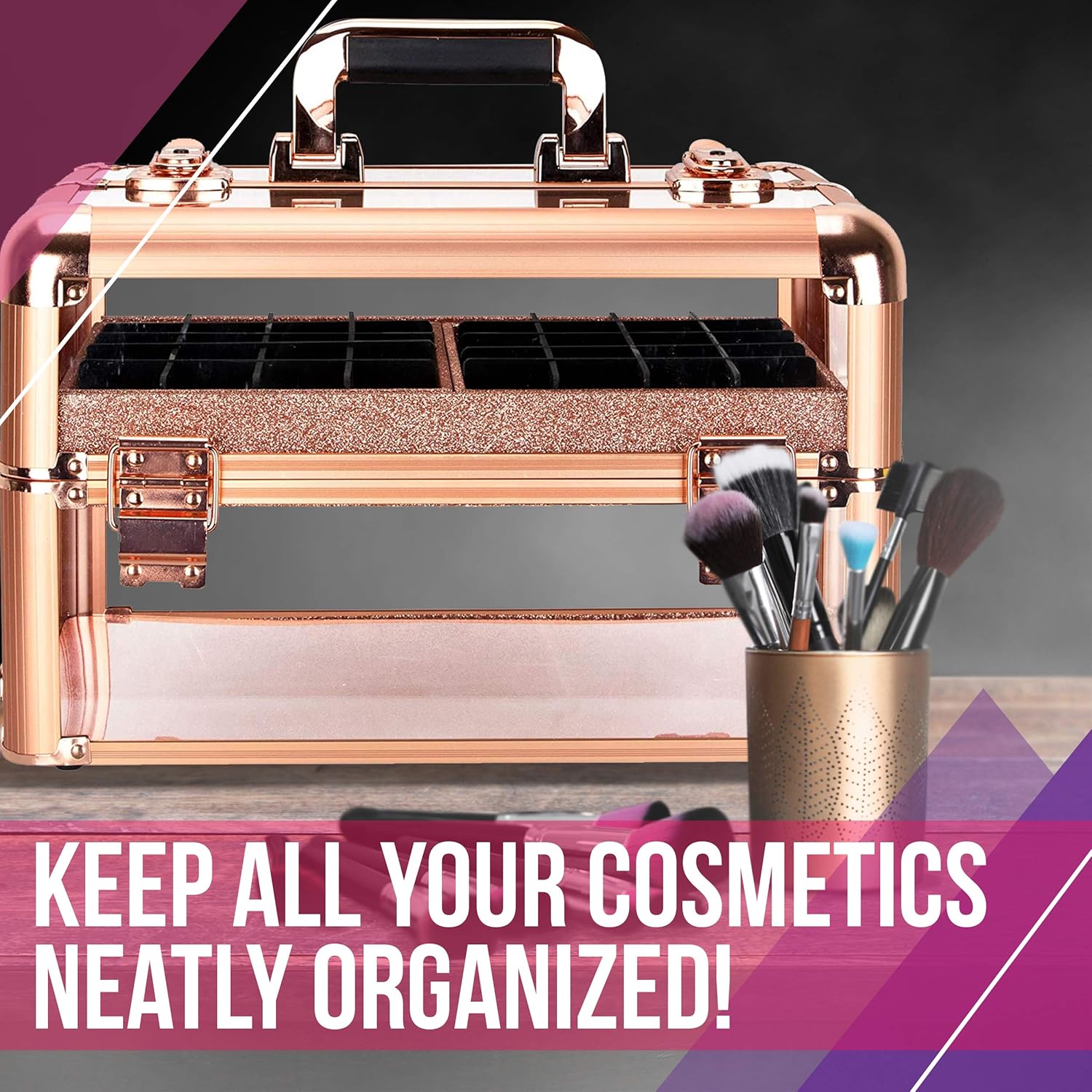 Ver Beauty Professional Armored Clear Acrylic Makeup Nail Tech Case with 2 Sliding Trays and Removable Dividers for Nail Polish Organizer Lockable Portable Travel Cosmetic Aluminum Case (Rose Gold)