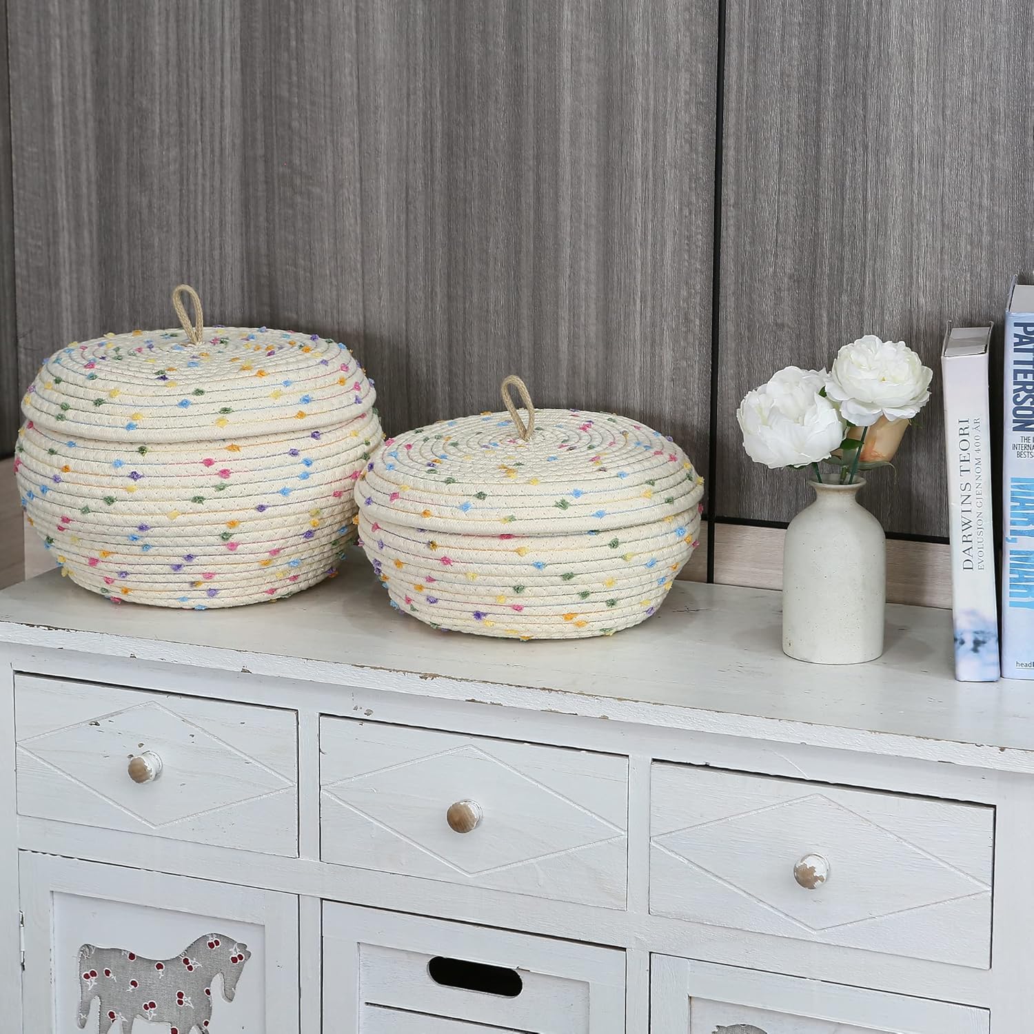 Sea Team Round Cotton Rope Storage Basket with Lid, Colorful Rainbow Pompom Woven Storage Bin, Pot, Caddy, Organizer, Container for Snacks, Towels, Plants, 10 x 4.5 Inches (Small, Shallow, Rainbow)