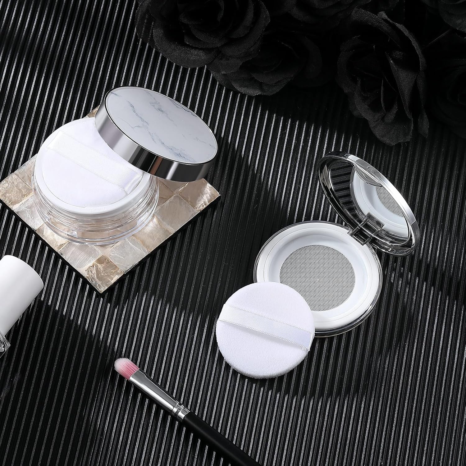 Cunhill 2 Pcs Loose Powder Container with Puff 0.17/0.7 oz Reusable Plastic Empty Case Portable DIY Makeup Powder Container Compact Case with Mirror and Net Sifter(Silver,Marble)