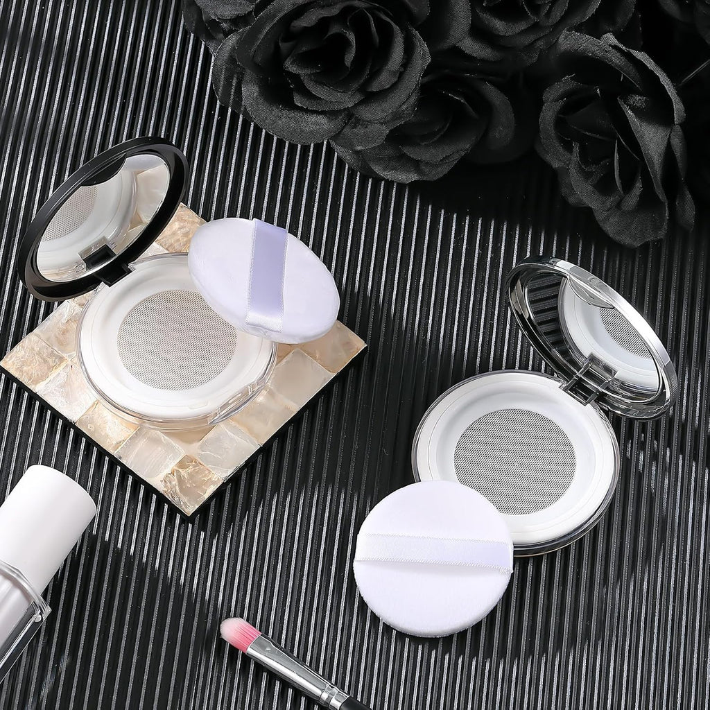 Cunhill 2 Pcs Loose Powder Container with Puff 0.17/0.7 oz Reusable Plastic Portable DIY Makeup Empty Powder Case with Mirror and Net Sifter(Silver, Black)