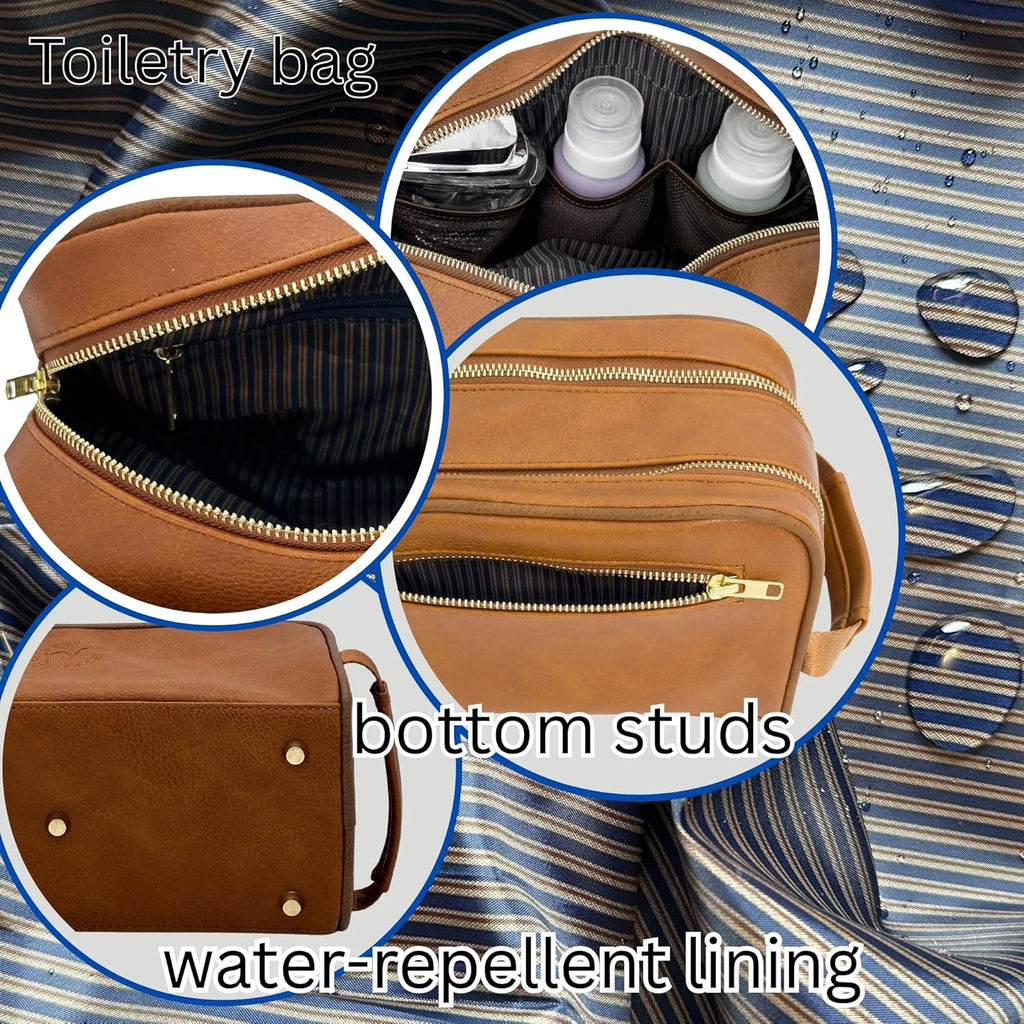 Dopp Gift Large Travel Toiletry Bag Premium Quality PU Leather Two compartments YKK Zippers Water-resistant Bottom Studs Mesh Pockets Durable Cosmetic Organizer CARAMEL LIGHT BROWN