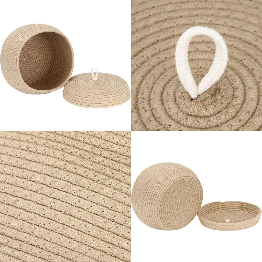 Sea Team Round Cotton Rope Storage Basket with Lid, Decorative Woven Storage Bin, Pot, Caddy, Organizer, Container for Snacks, Towels, Plants, 10 x 7.5 Inches (Small Size, Khaki)