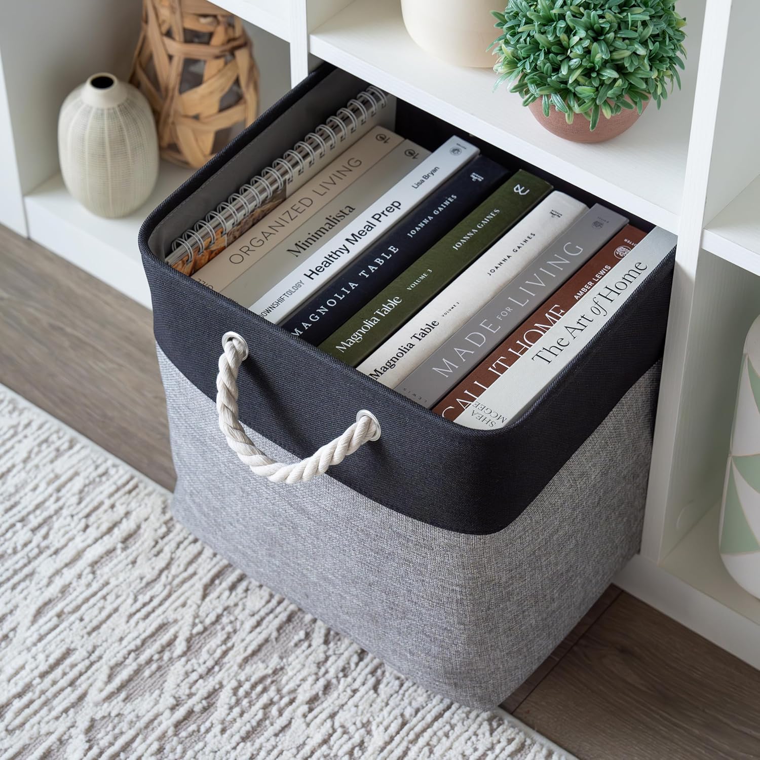 OrganiHaus 13x13 Cube Storage Bins 3 Pack, Foldable Cube Storage Organizer w/ Rope Handles, Collapsible Fabric Bins for Toys, Clothes & Closet Organization, Fabric Square Baskets - Gray/Black