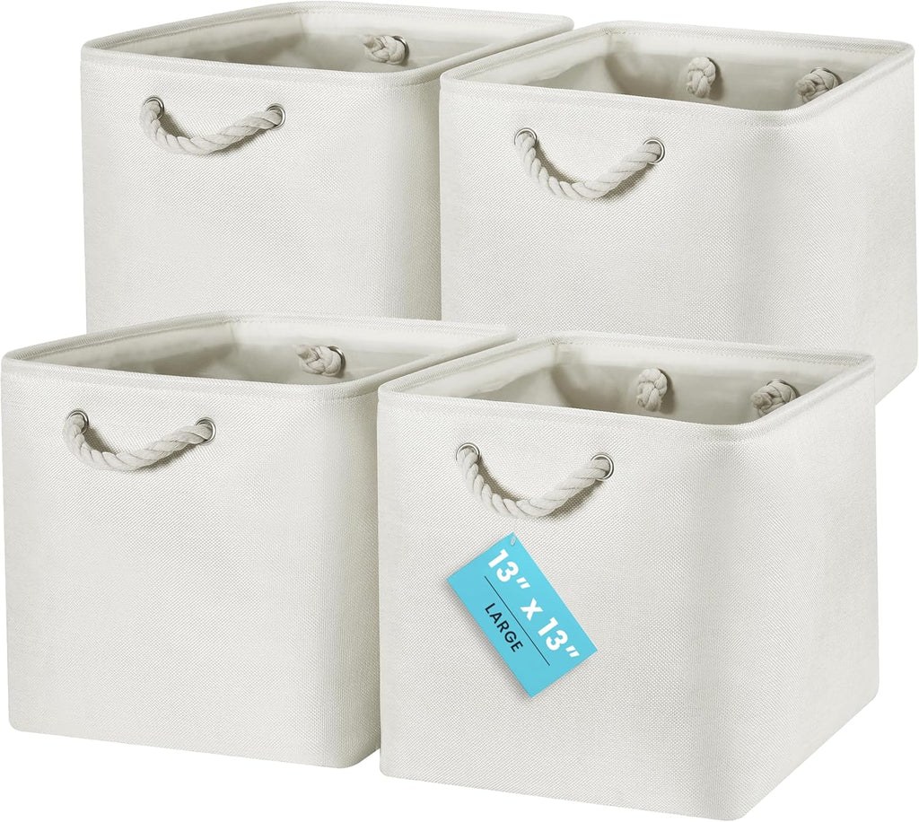 OrganiHaus 13x13 Cube Storage Bins 4 Pack, Foldable Cube Storage Organizer w/ Rope Handles, Collapsible Fabric Bins for Toys, Clothes & Closet Organization, Fabric Square Baskets - Off-White