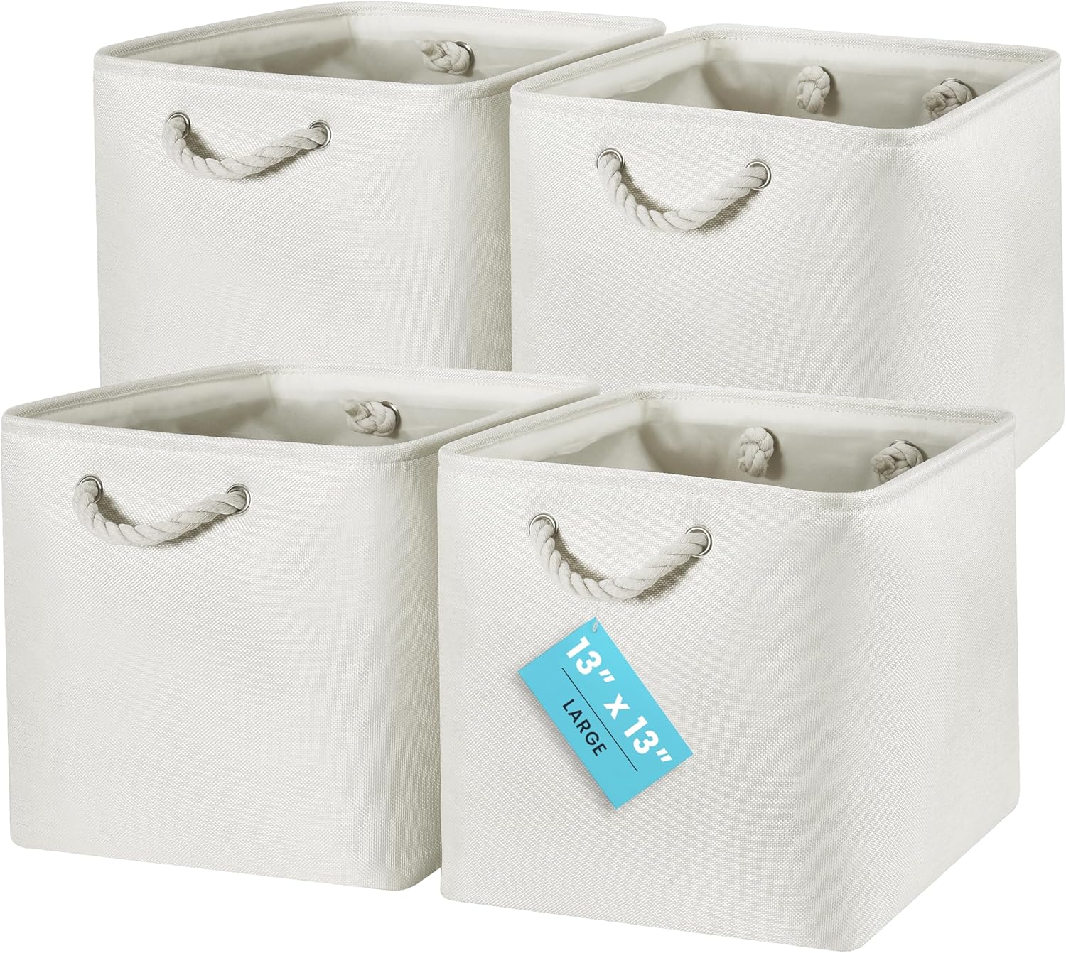OrganiHaus 13x13 Cube Storage Bins 4 Pack, Foldable Cube Storage Organizer w/ Rope Handles, Collapsible Fabric Bins for Toys, Clothes & Closet Organization, Fabric Square Baskets - Off-White
