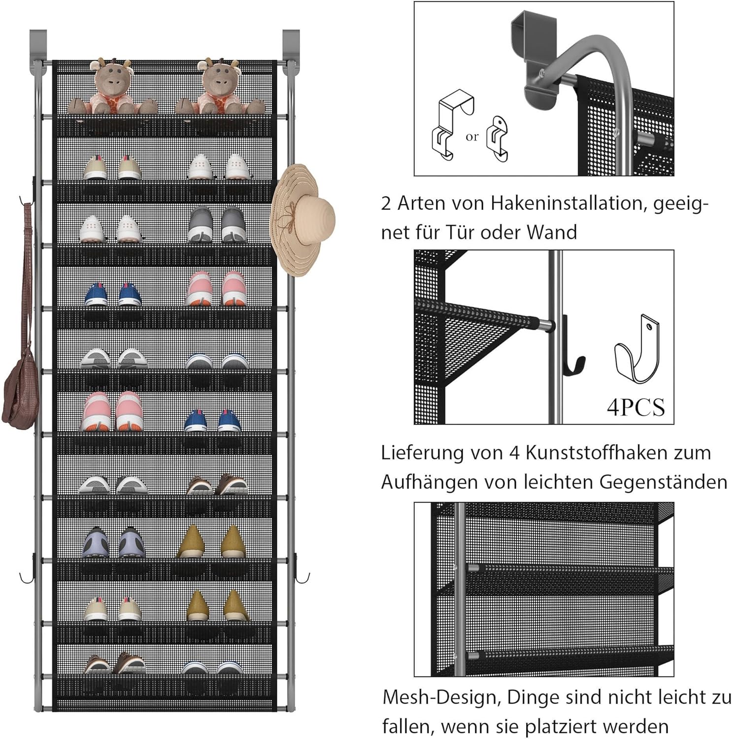 10 Tier Shoe rack Hanging Shoe Storage the door shoe rack for Closet Pantry Over The Door Shoe Organizer Wall Floating Shelves (Gray, 10 Tier)