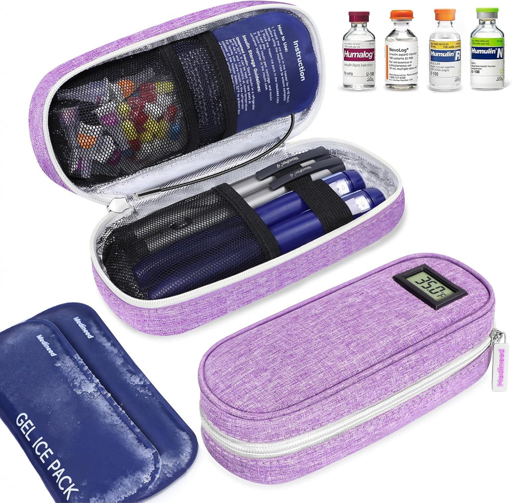 Insulin Cooler Travel Case TSA Approved with Temperature Display – Diabetic Medication Travel Case with 2 × 90g Ice Packs, Portable Medicine Organizer for 3–4 Insulin Pens and Diabetic Supplie(Purple)