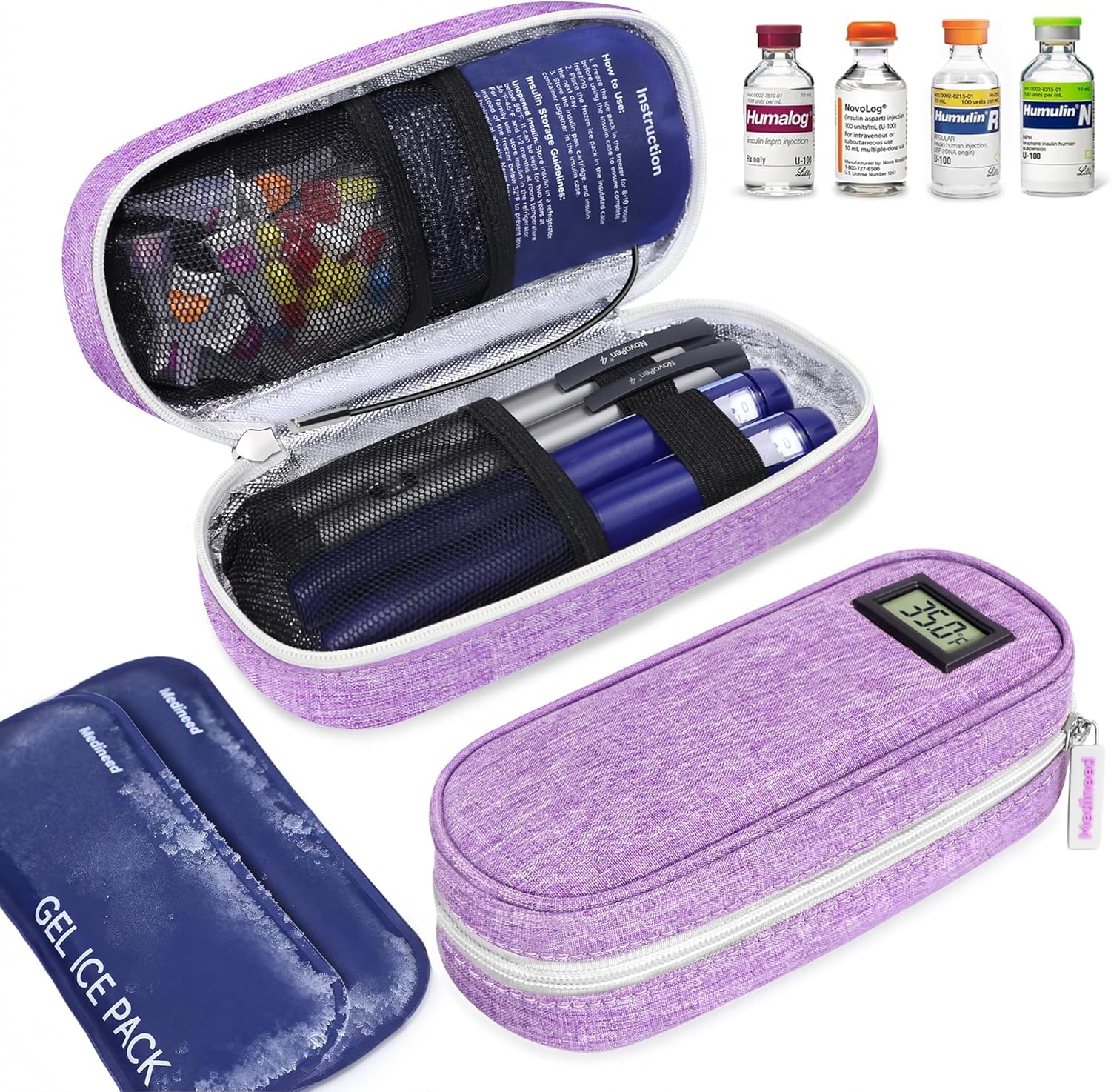 Insulin Cooler Travel Case TSA Approved with Temperature Display – Diabetic Medication Travel Case with 2 × 90g Ice Packs, Portable Medicine Organizer for 3–4 Insulin Pens and Diabetic Supplie(Purple)
