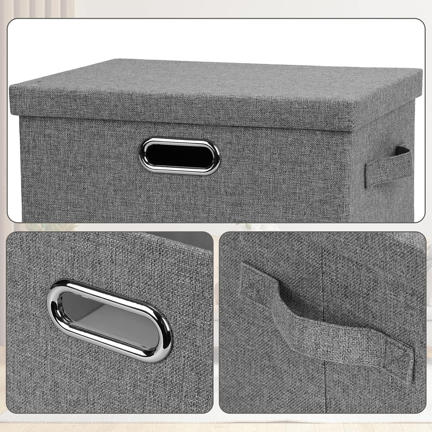 Medium 15" 21 Quart Collapsible Stackable Storage Bins with Lids, 3 Packs Grey Foldable Fabric Closet Boxes Heavy-duty Linen Cube Baskets Container for Bedroom Office (15 x 11 x 8)