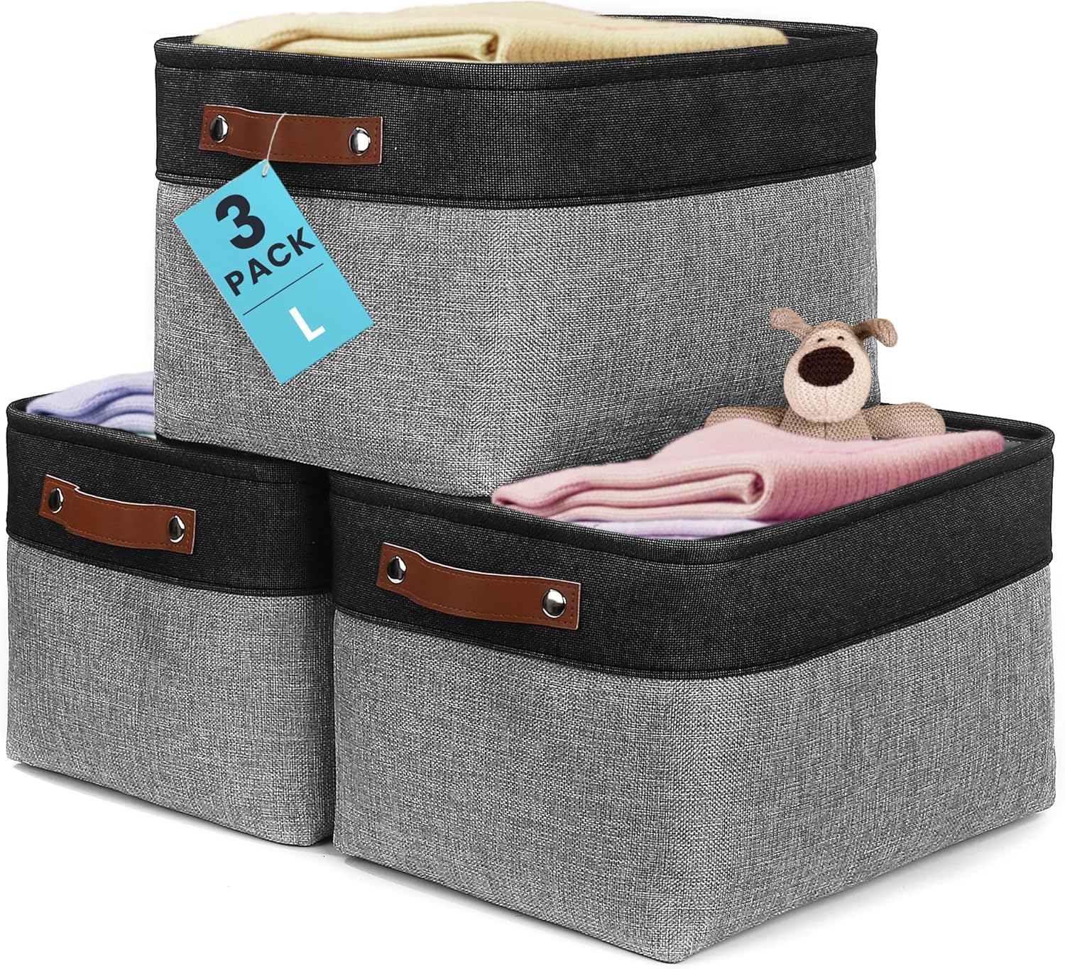 OrganiHaus Large Fabric Storage Baskets for Shelves 3 Pack, 15x11in Closet Storage Bins for Shelves, Canvas Baskets for Organizing, Linen Closet Organizers, Cloth Basket, Gray/Black