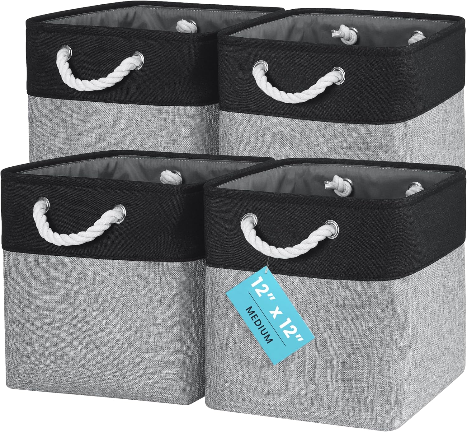 OrganiHaus 12x12 Cube Storage Bins 4 Pack, Foldable Cube Storage Organizer w/ Rope Handles, Collapsible Fabric Bins for Toys, Clothes & Closet Organization, Fabric Square Baskets - Gray/Black