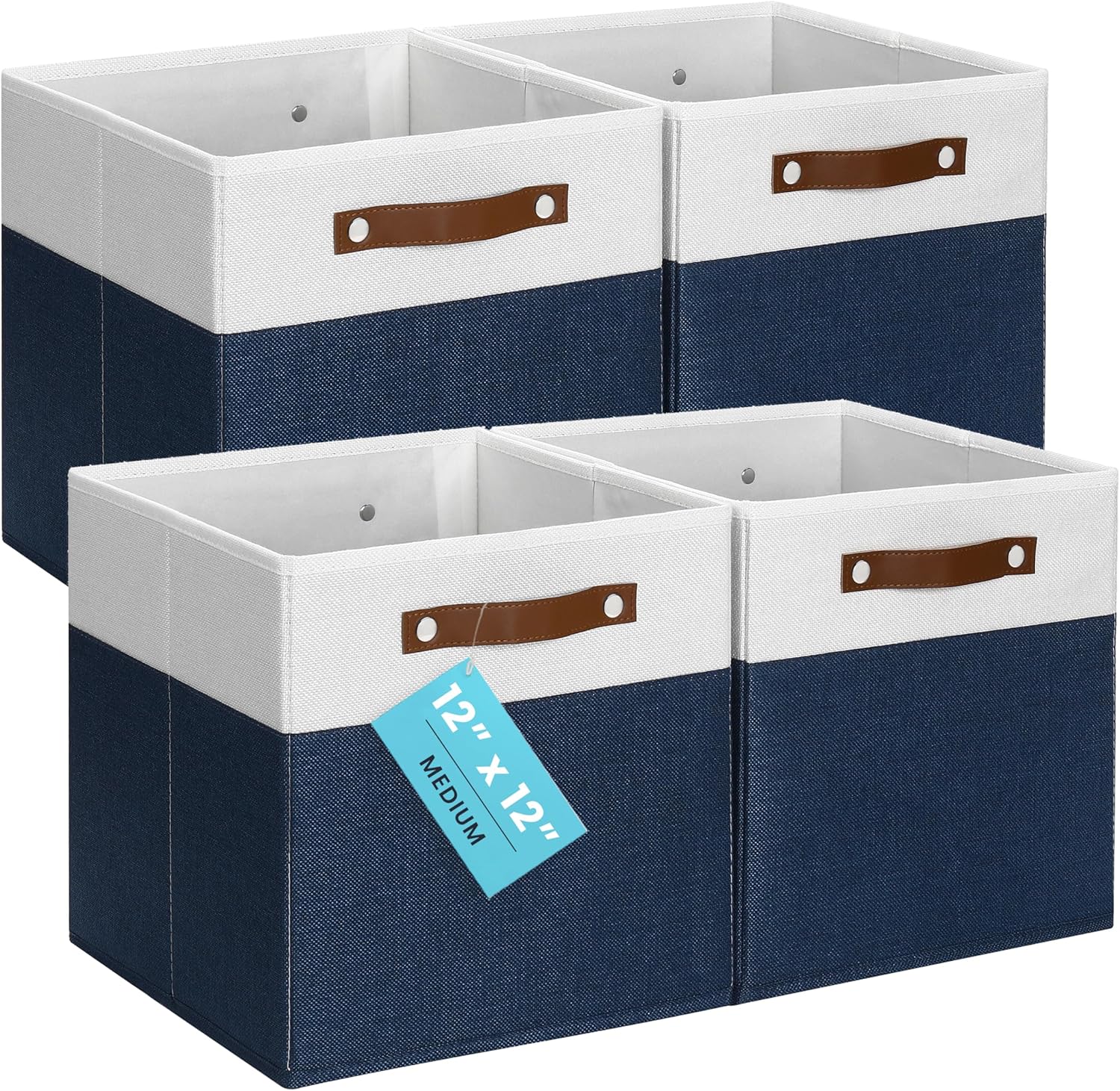 OrganiHaus 12" x 12" x 12" Fabric Cube Storage Bins - Set of 4, Cube Fabric Organizer Bins with Vegan Handles, Kallax Storage Cubes, 12 Inch Cubic Baskets for Shelves - Navy Blue