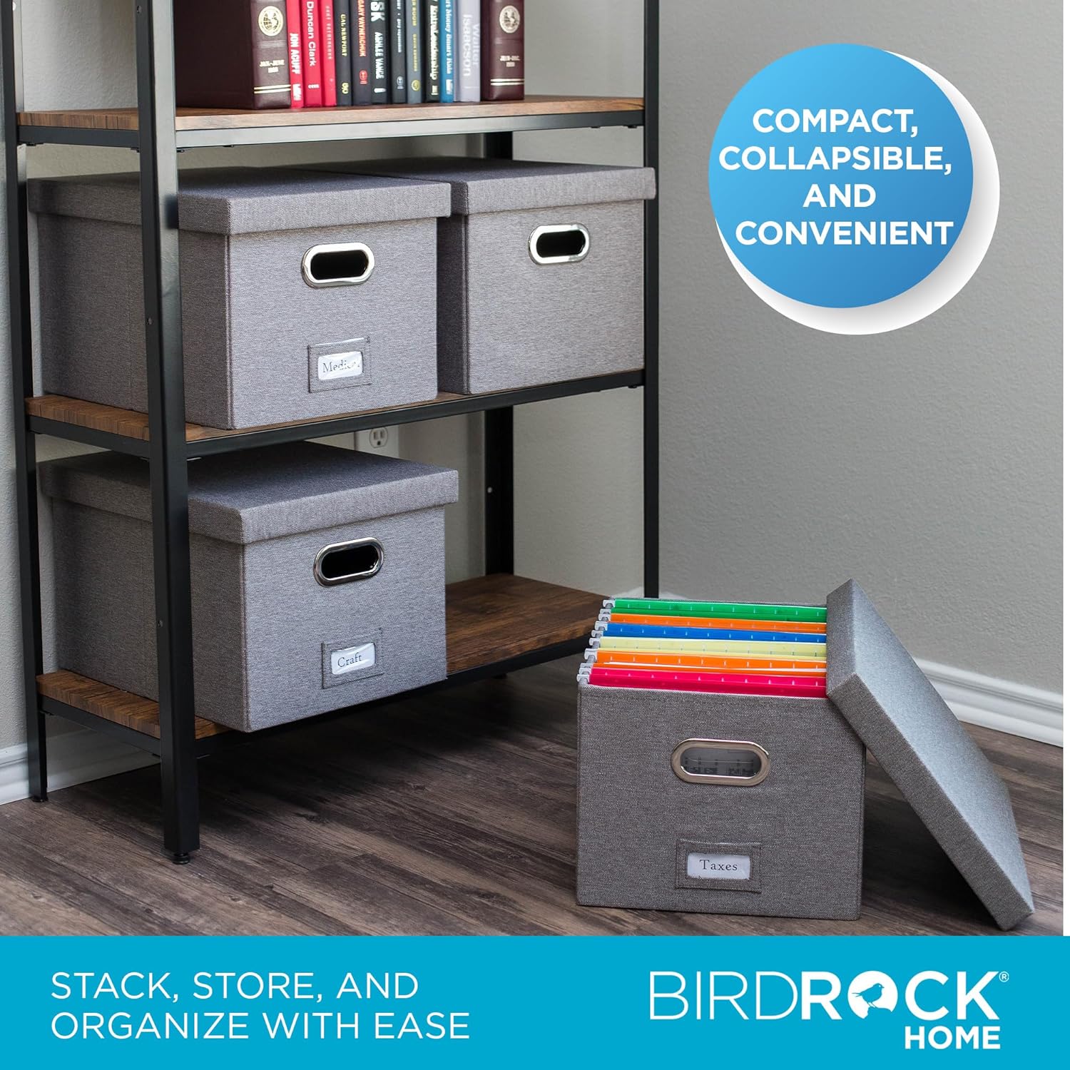 Internet's Best Collapsible File Storage Organizer with Lid - Decorative Linen Filing & Storage Office Box – Hanging Letter/Legal Folder – Home Office Bins Cabinet – Grey Container - 4 Pack