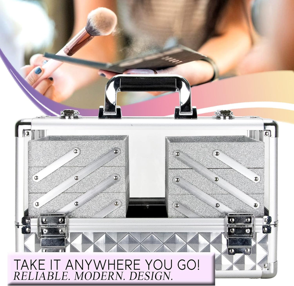 Ver Beauty Makeup Train Case 14 inch Armored Acrylic Large Portable Cosmetic Case 6 Trays Professional Storage Organizer Box Make Up Artist Jewelry Nail Kits Crafts Display Brush Holder- Silver