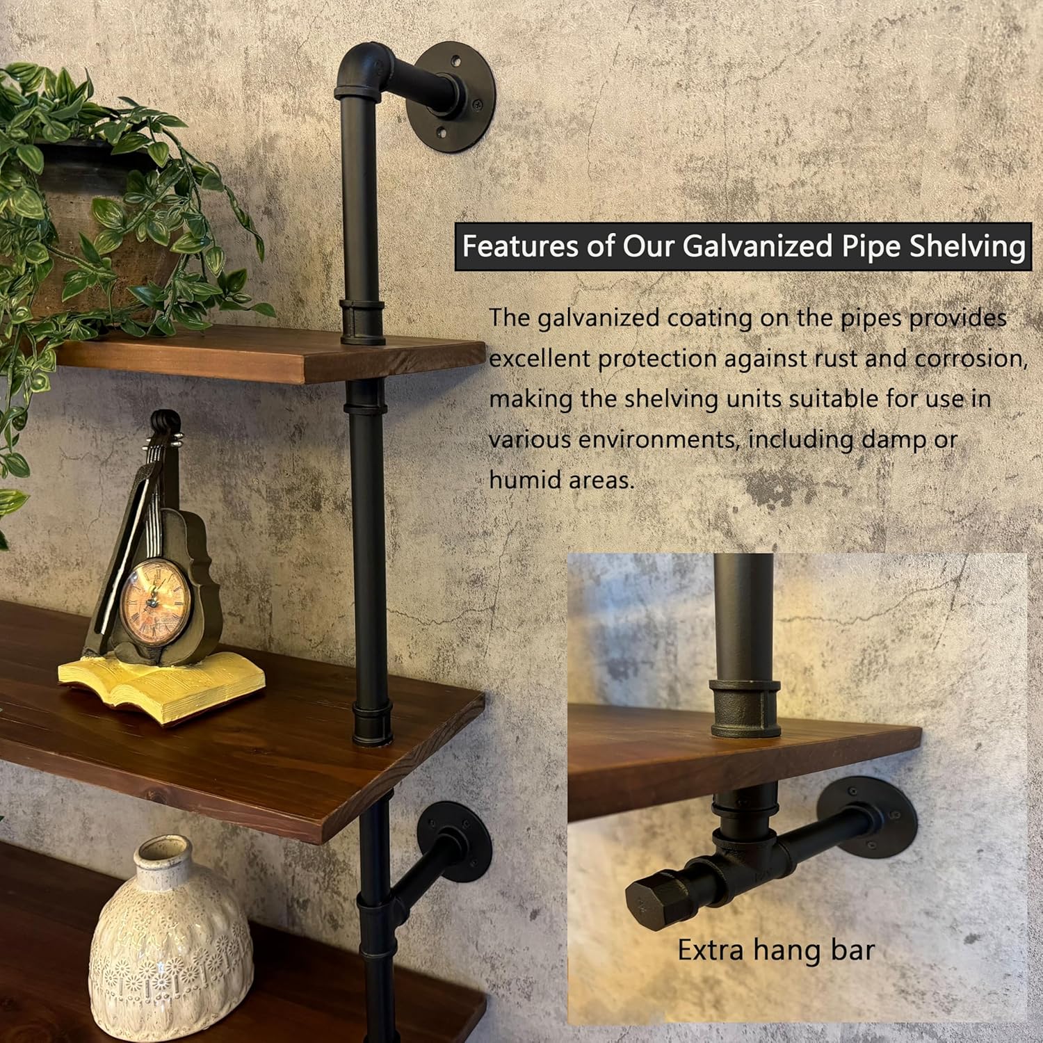 Industrial Pipe Wall Shelves Pipe Shelving with Real Wood Plank ,48 Inches Floating Shelves for Wall Farmhouse Pipe Book Shelves Dark Brown 5 Tier for Kitchen,Living Room Decor and Bar Shelving