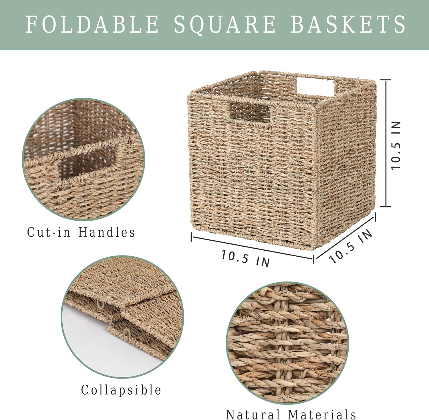 10.5 x 10.5in Cube Seagrass Storage Baskets, Foldable Square Wicker Storage Baskets for Shelves Set of 3, Large Cubby Rattan Basket, Collapsible Cube Storage Bins