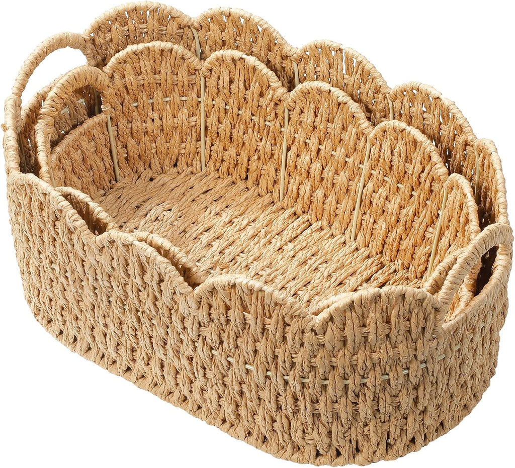 Paper Rope Scalloped Basket Set of 2,Woven Storage Baskets for Shelves,Laundry,Towels,Clothes,Books,Toys,Cute Decor Baskets for Organizing,Natural Color