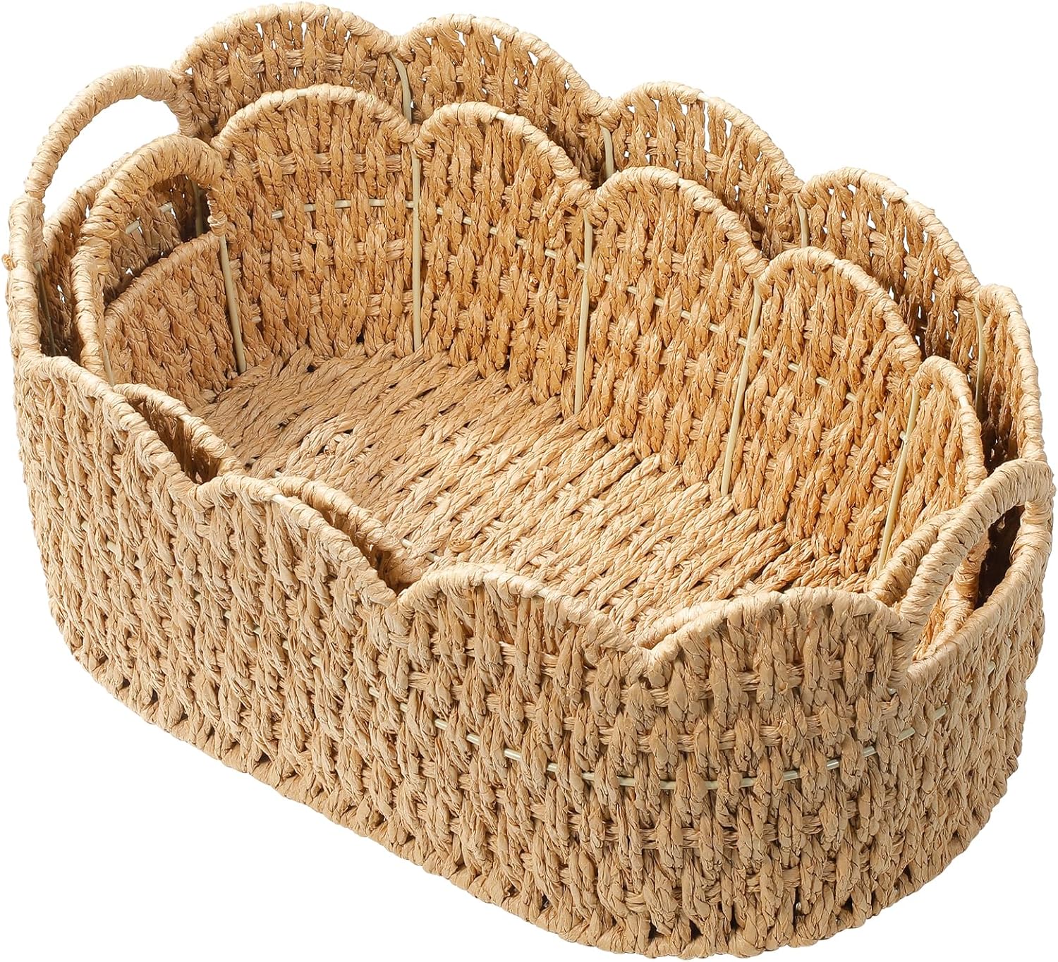 Paper Rope Scalloped Basket Set of 2,Woven Storage Baskets for Shelves,Laundry,Towels,Clothes,Books,Toys,Cute Decor Baskets for Organizing,Natural Color