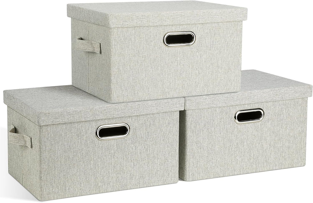 Medium 15" 21 Quart Collapsible Stackable Storage Bins with Lids, 3 Packs Beige Foldable Fabric Closet Boxes Heavy-duty Linen Cube Baskets Container for Bedroom Office (15 x 11 x 8)