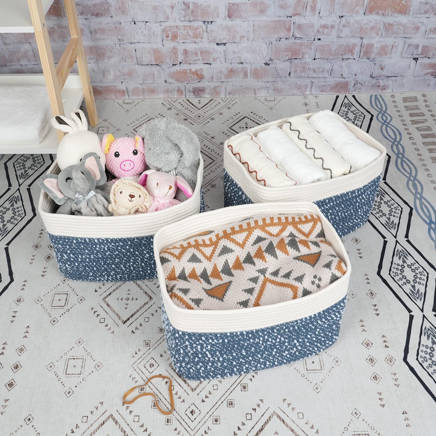 White and Blue Cotton Rope storage Basket Bins Woven Basket for Organizing Shelves 15X10X9.3“ Rectangle Decorative Baskets For storage Books Towels Wicker Nursery basket organizer Set of 3