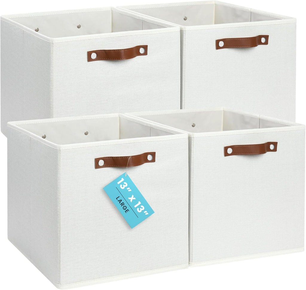OrganiHaus 13" x 13" x 13" Cube Fabric Storage Bins Set of 4, Canvas Storage Cubes w/ Vegan Handles, 13 inch Collapsible Bins for Clothes & Toy Organizer, 13x13 Basket for Decor - White