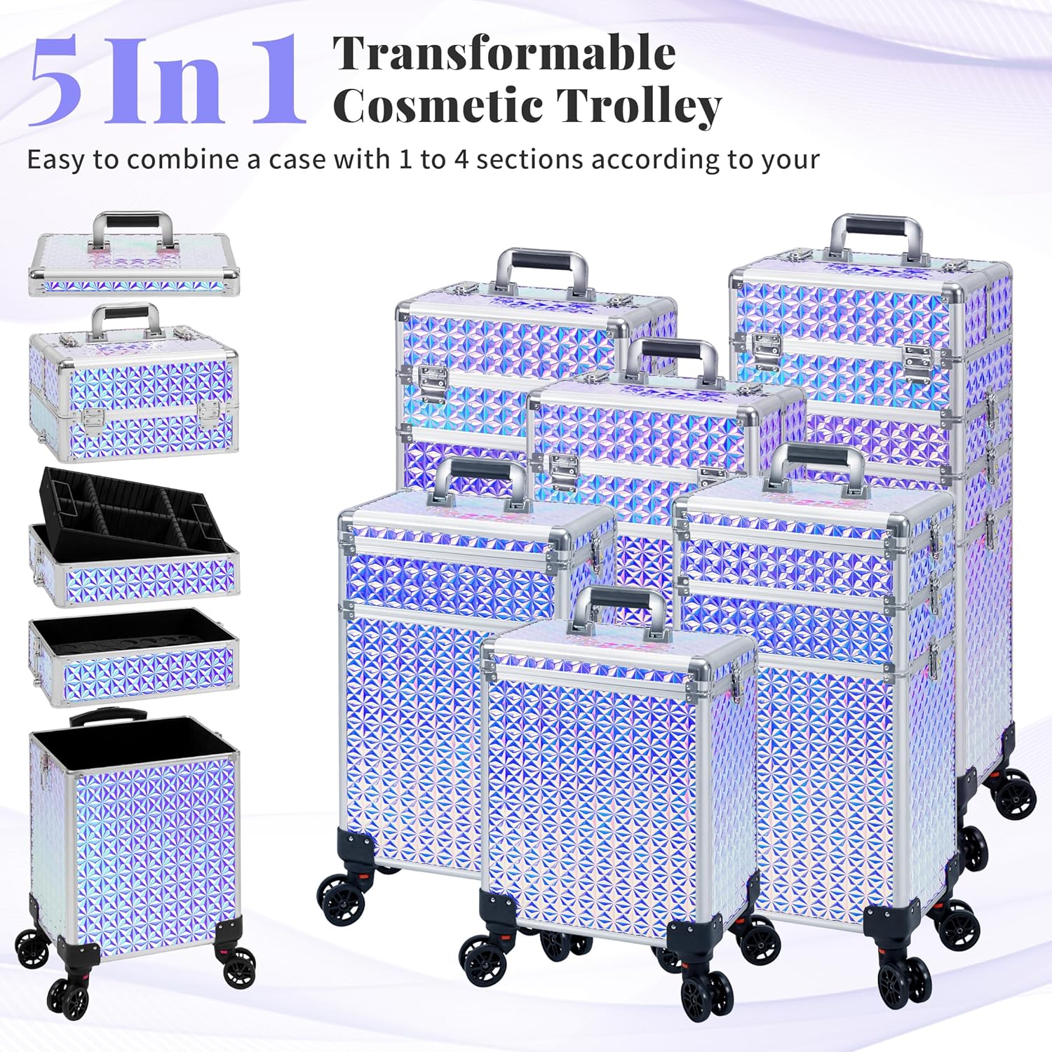 AROUS 5 in 1 Rolling Makeup Train Case Cosmetology Case on Wheels Large Cosmetic Organizer Travel Cart for Hairstylist Artist Nail Beauty Salon Barber,Silver