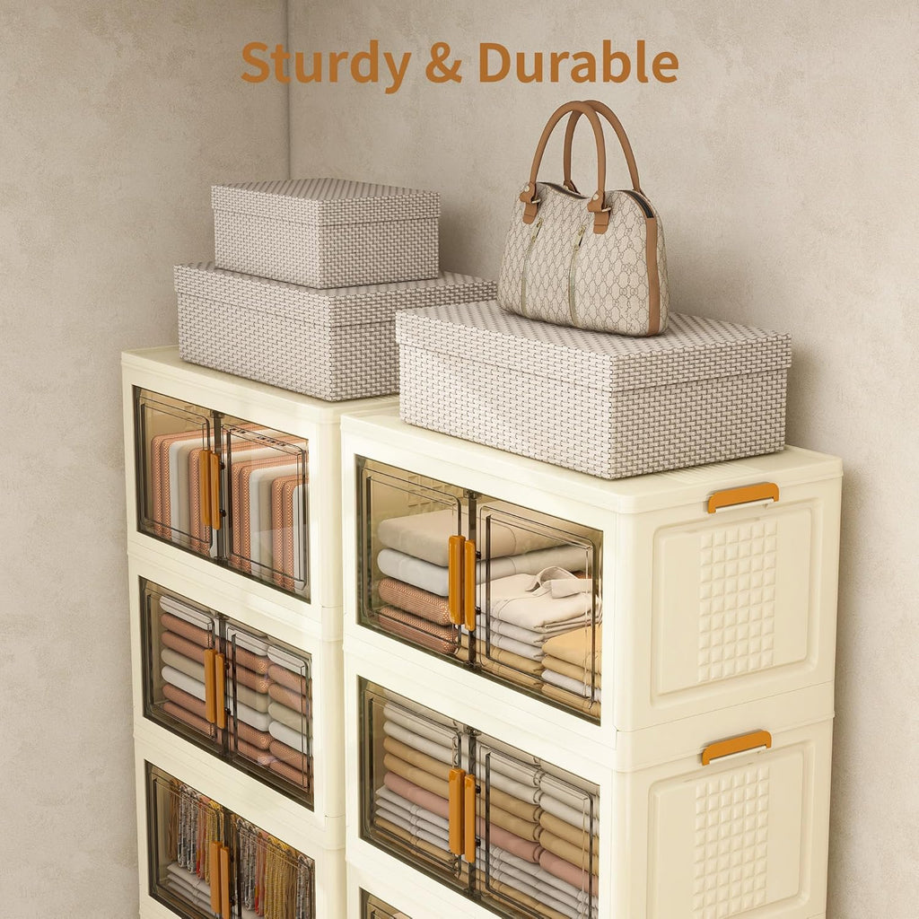 Plastic Stackable Storage Bins with Lids and Wheels, Foldable Closet Organizers and Storage Containers, Collapsible Clear Drawer Storage Cabinet with Doors Ivory White 608 QT