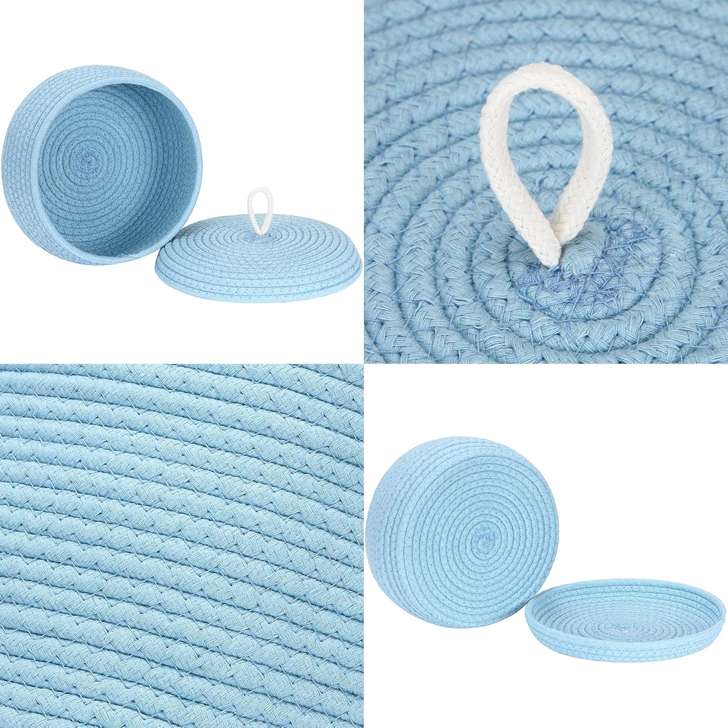 Sea Team Round Cotton Rope Storage Basket with Lid, Decorative Woven Storage Bin, Pot, Caddy, Organizer, Container for Snacks, Towels, Plants, 10 x 4.5 Inches (Small, Shallow, Blue)