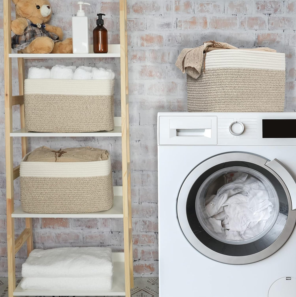 Cotton Rope storage Basket Bins Woven Basket for Organizing Shelves 15X10X9.3" Rectangle Decorative Baskets For storage Clothes Toys Books Towels Nursery basket organizer 3 pack white and brown