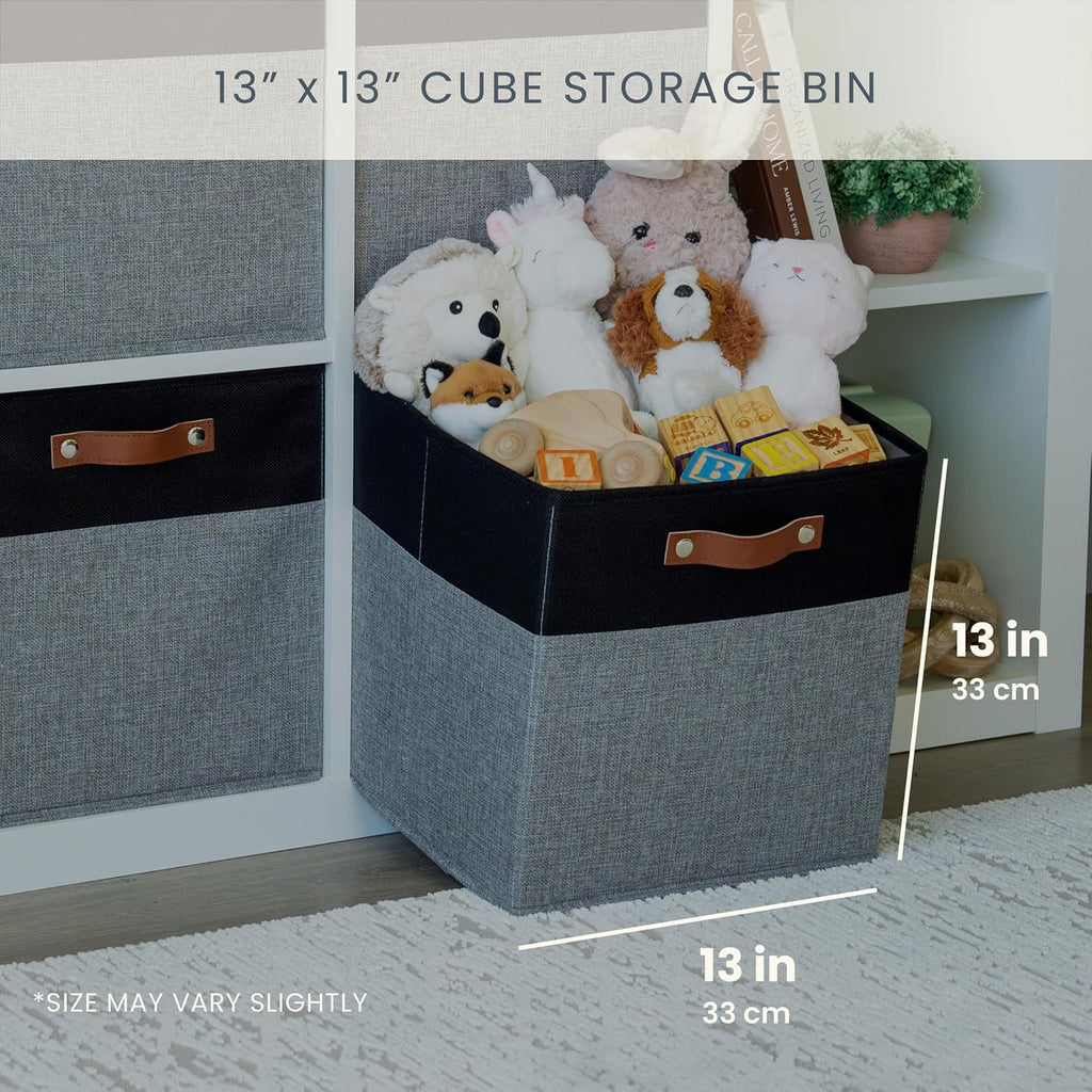 OrganiHaus 13" x 13" x 13" Cube Fabric Storage Bins Set of 4, Fabric Storage Cubes w/ Vegan Handles, 13 inch Collapsible Bins for Clothes & Toy Organizer, 13x13 Basket for Kallax - Grey/Black