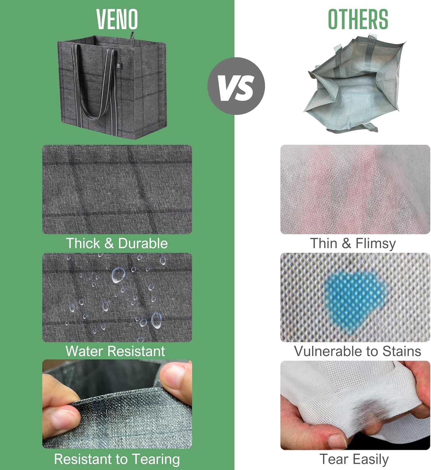 VENO 4 Pack Reusable Grocery Bags with Hard Bottom, Heavy-Duty Shopping Bags for Shopping Cart (Windowpane, 4 Pack)