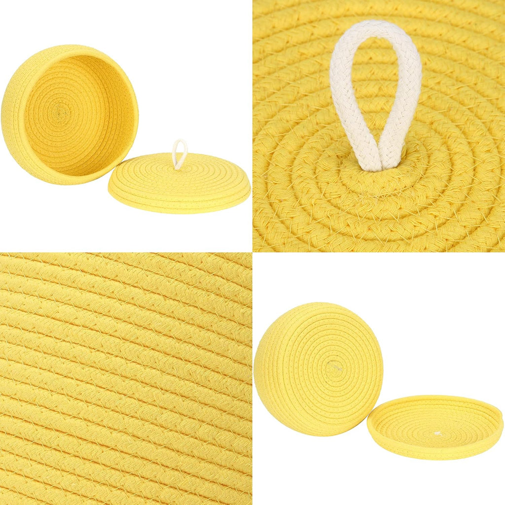 Sea Team Round Cotton Rope Storage Basket with Lid, Decorative Woven Storage Bin, Pot, Caddy, Organizer, Container for Snacks, Towels, Plants, 10 x 4.5 Inches (Small, Shallow, Yellow)