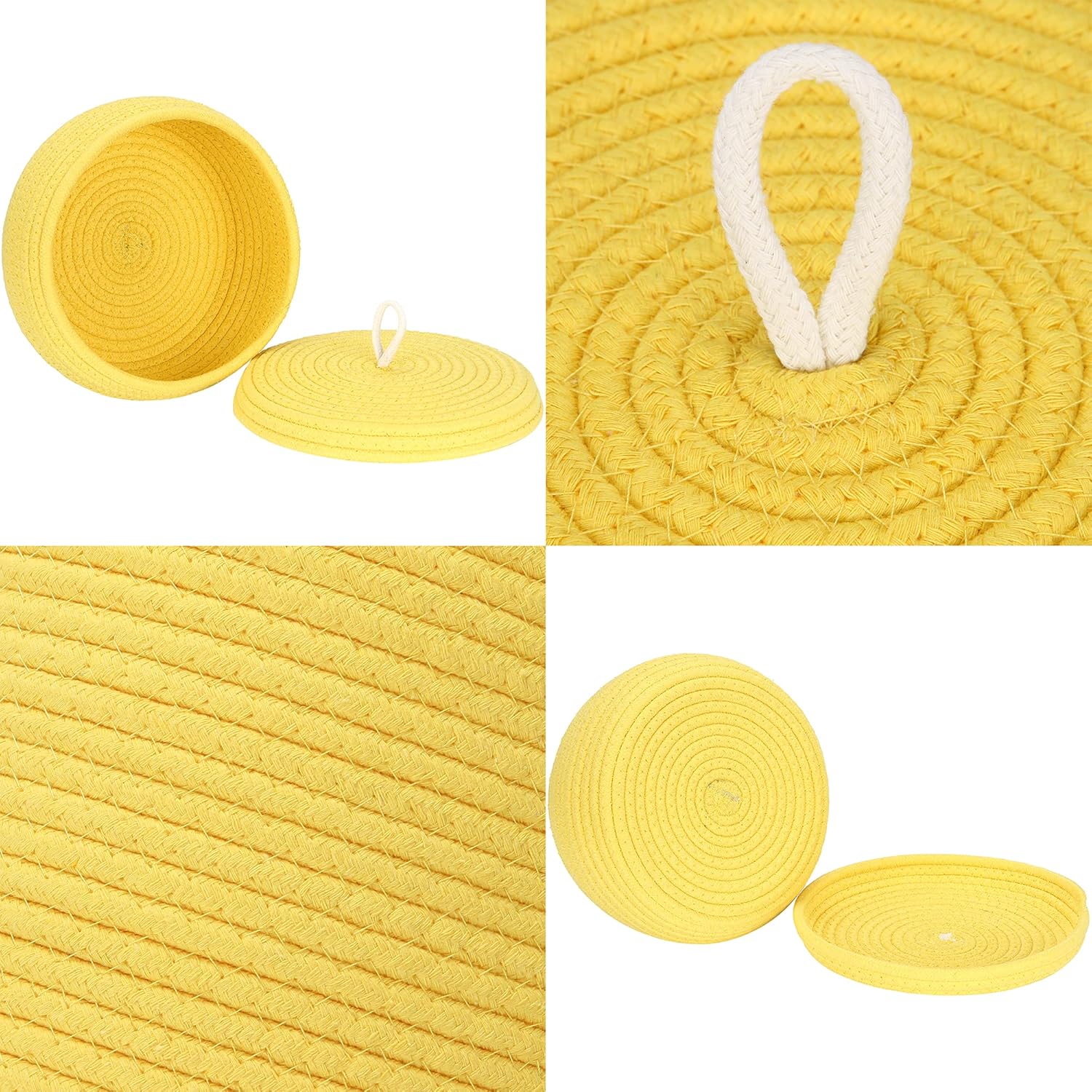 Sea Team Round Cotton Rope Storage Basket with Lid, Decorative Woven Storage Bin, Pot, Caddy, Organizer, Container for Snacks, Towels, Plants, 10 x 4.5 Inches (Small, Shallow, Yellow)