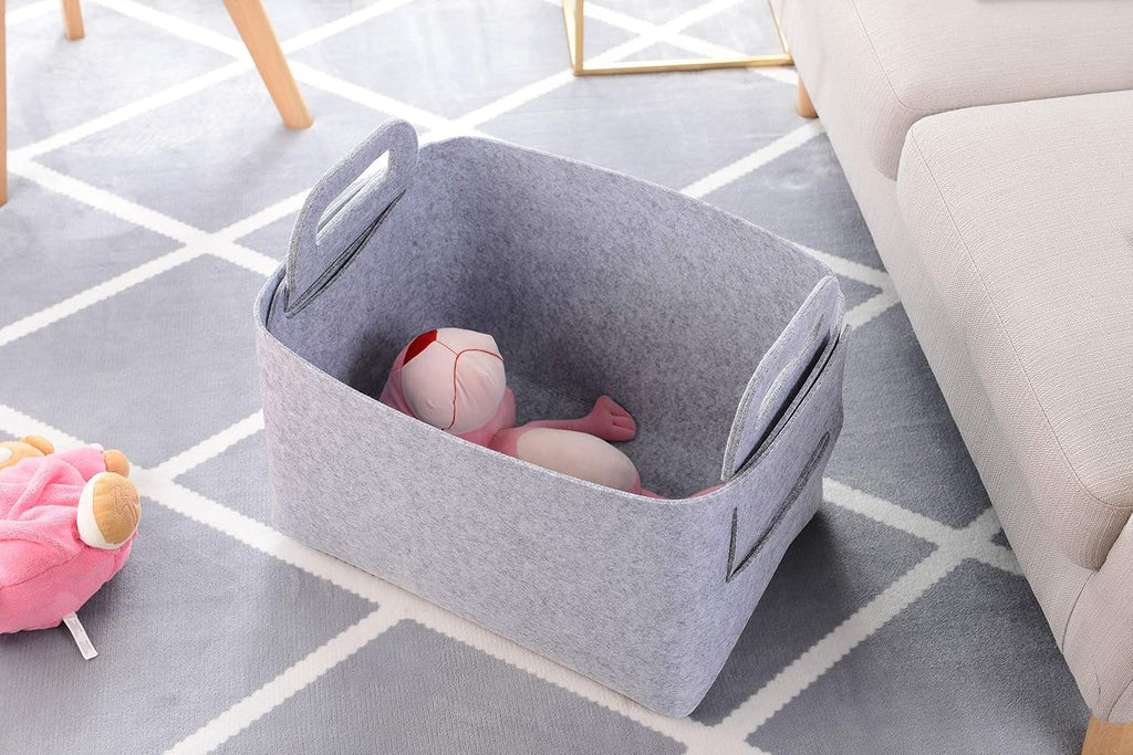 Minoisome Storage Basket Felt Storage Bin Collapsible& Convenient Box Organizer with Carry Handles for Office Bedroom Closet Babies Nursery Toys Laundry (Light grey, 15.7inch（L）×11inch（W）×10inch（H）)