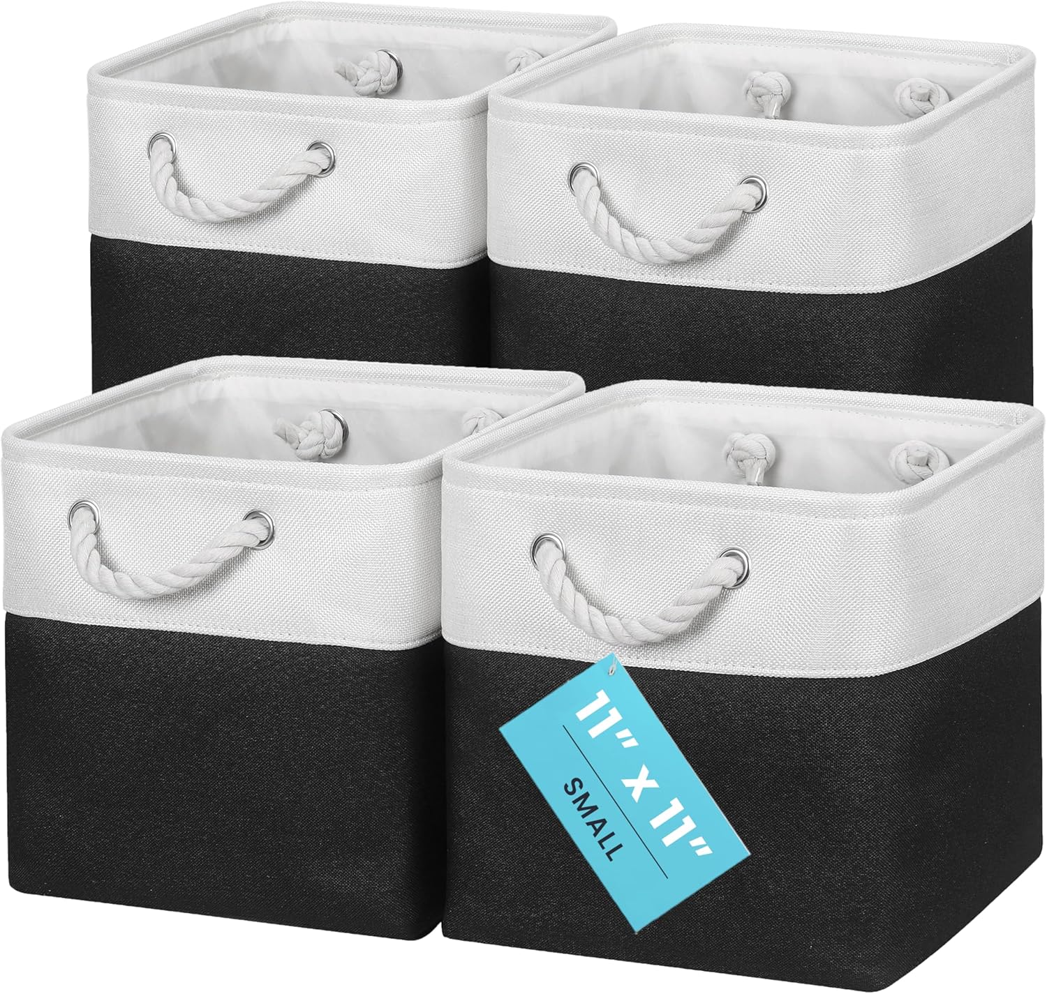 OrganiHaus 11x11 Cube Storage Bins 4 Pack, Foldable Cube Storage Organizer w/ Rope Handles, Collapsible Fabric Bins for Toys, Clothes & Closet Organization, Fabric Square Baskets - Black/White