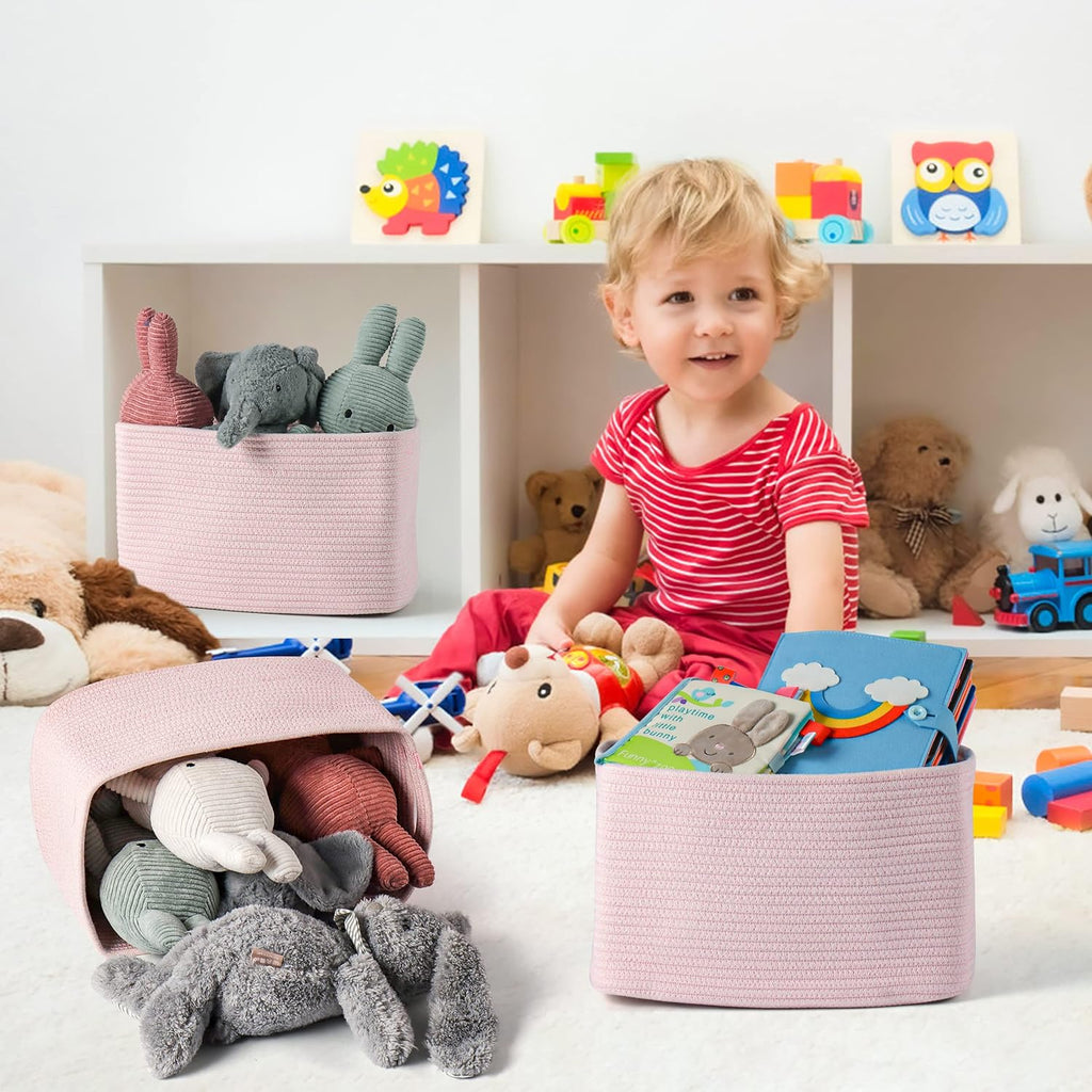 Cotton Rope storage Basket Bins Woven Basket for Organizing Shelves 15X10X9.3" Rectangle Decorative Baskets For storage Clothes Toys Books Towels Nursery basket organizer 3 pack light pink