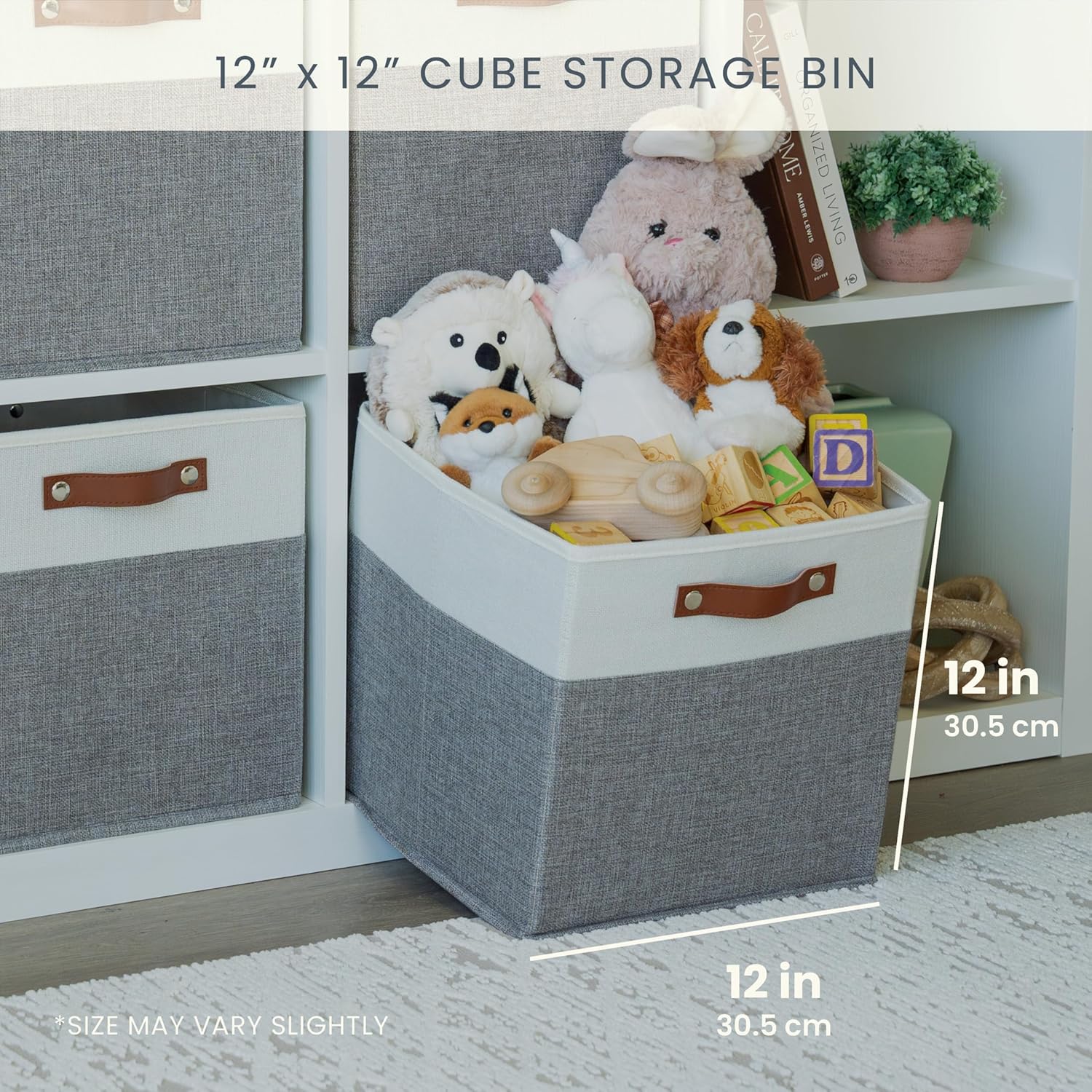 OrganiHaus 12" x 12" x 12" Fabric Cube Storage Bins - Set of 4, Cube Fabric Organizer Bins with Vegan Handles, Kallax Storage Cubes, 12Inch Cubic Baskets for Shelves - Grey / White